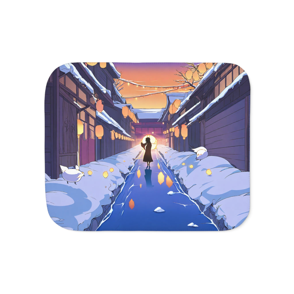 Lantern Vendor on the Frozen Canal Sherpa Throw Blanket