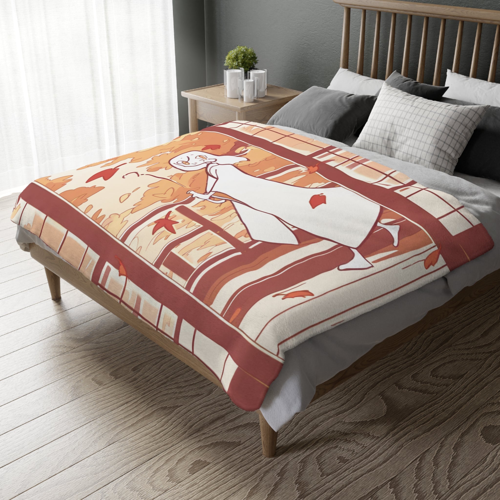 Wind Chime Tuner on the Autumn Veranda Velveteen Throw Blanket