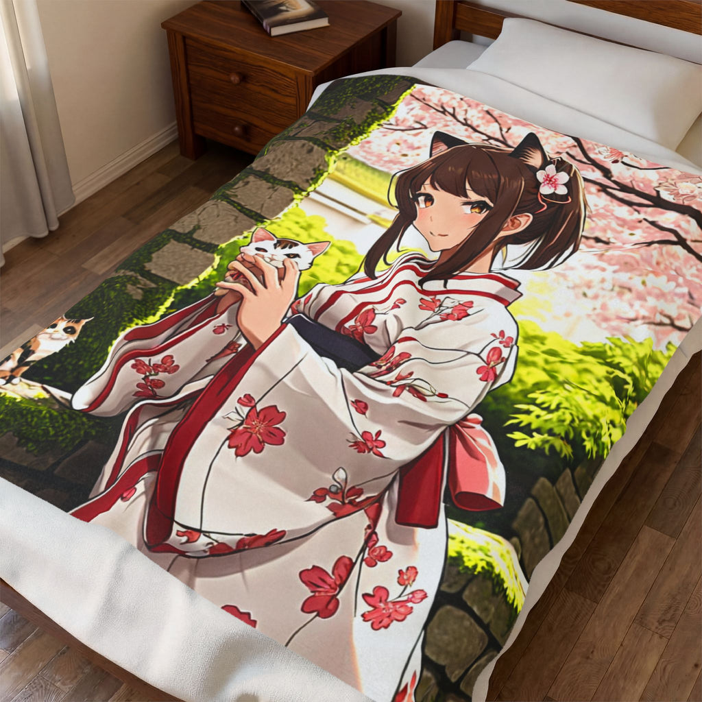 Anime Girl in Cherry Blossom Yukata with Calico Cat Garden Throw