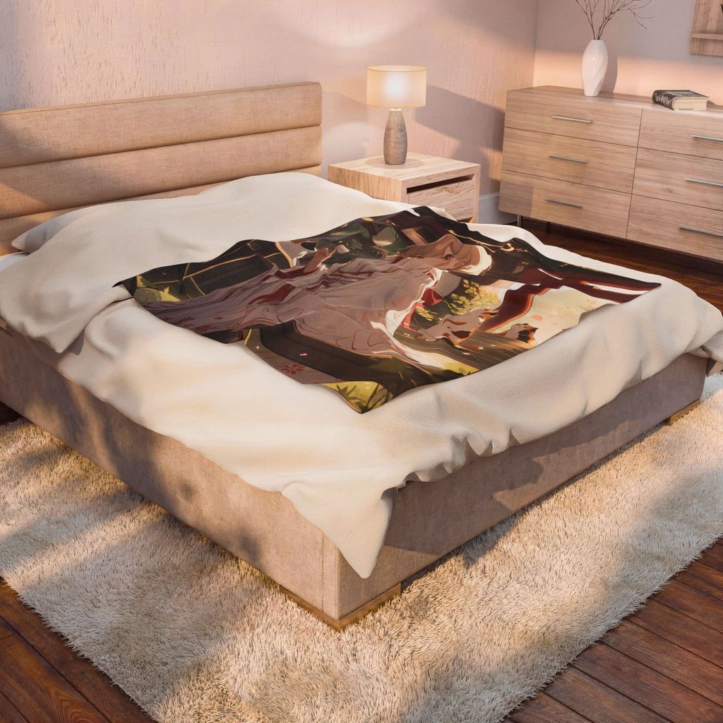 Shrine Maiden and Calico Cat Among Cherry Blossoms Throw Blanket