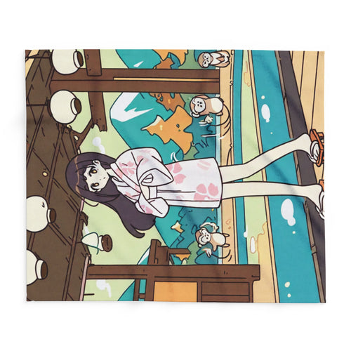Anime hot spring walkway with monkeys