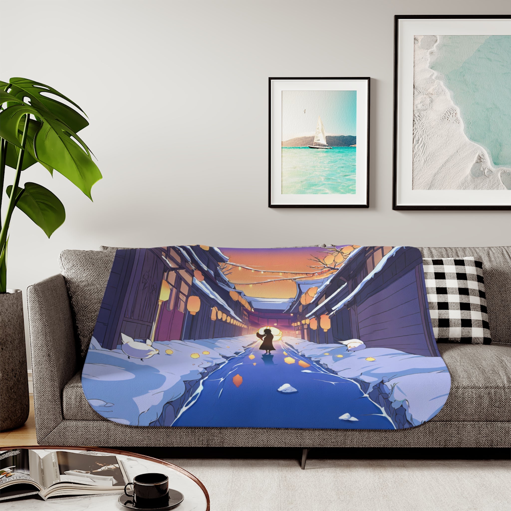 Lantern Vendor on the Frozen Canal Sherpa Throw Blanket