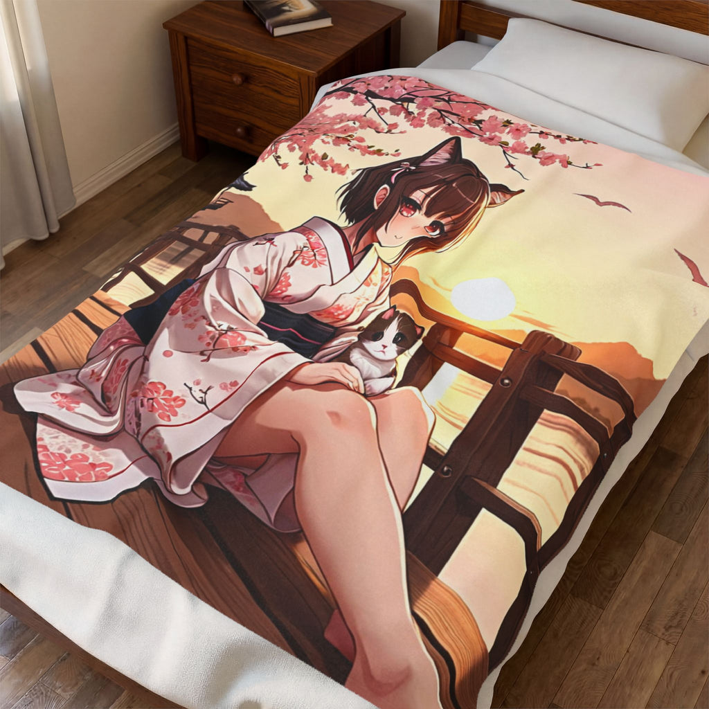 Nekomimi Girl in Yukata Sunset Bridge Throw Blanket