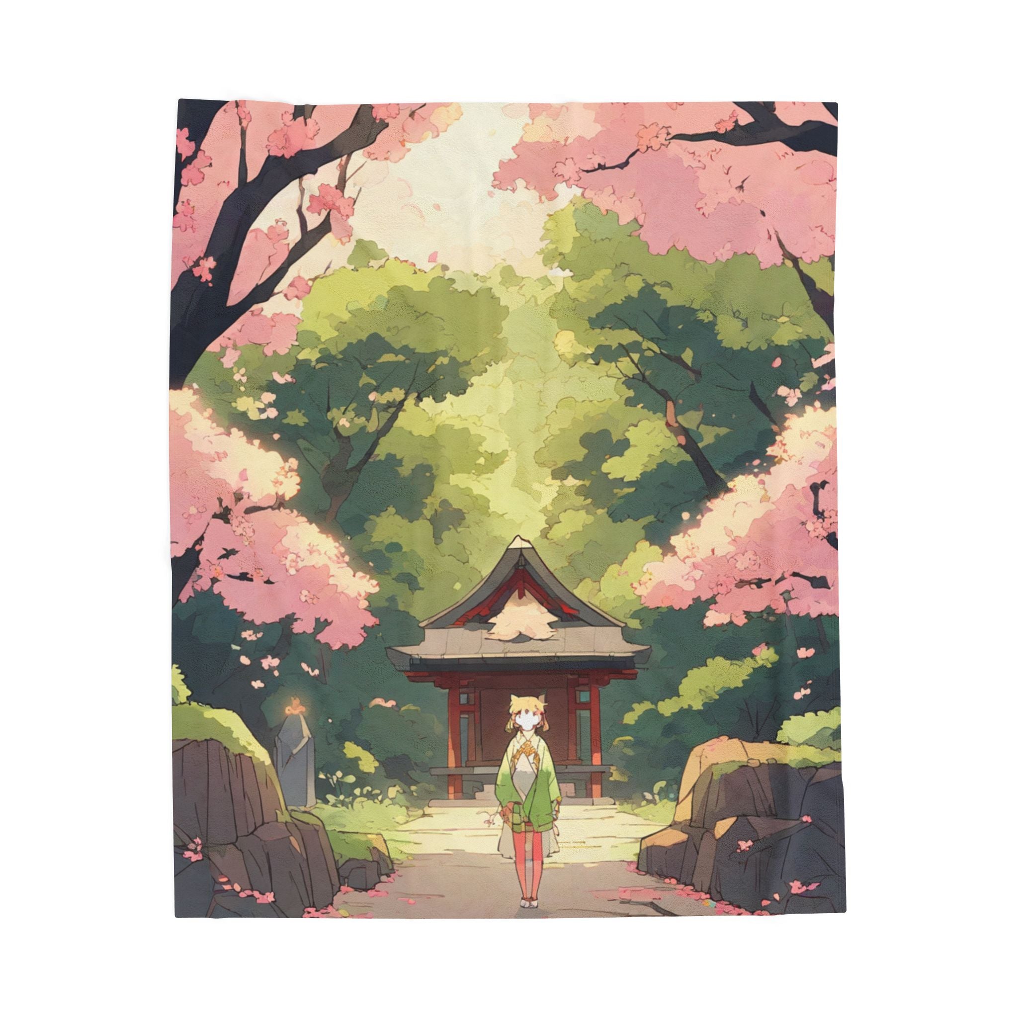 Forest Spirit Shrine Cat Among Cherry Blossoms Throw Blanket