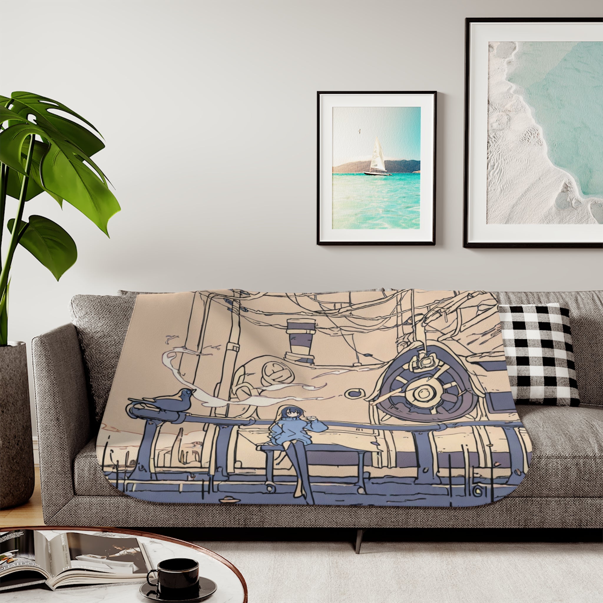 Winter Sparrow Girl on Train Platform Sherpa Throw Blanket