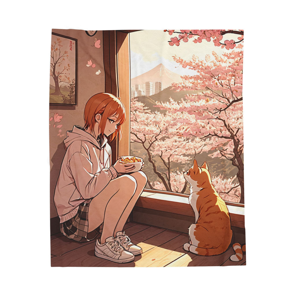 Anime Girl Sharing Snacks With Ginger Cat Throw Blanket