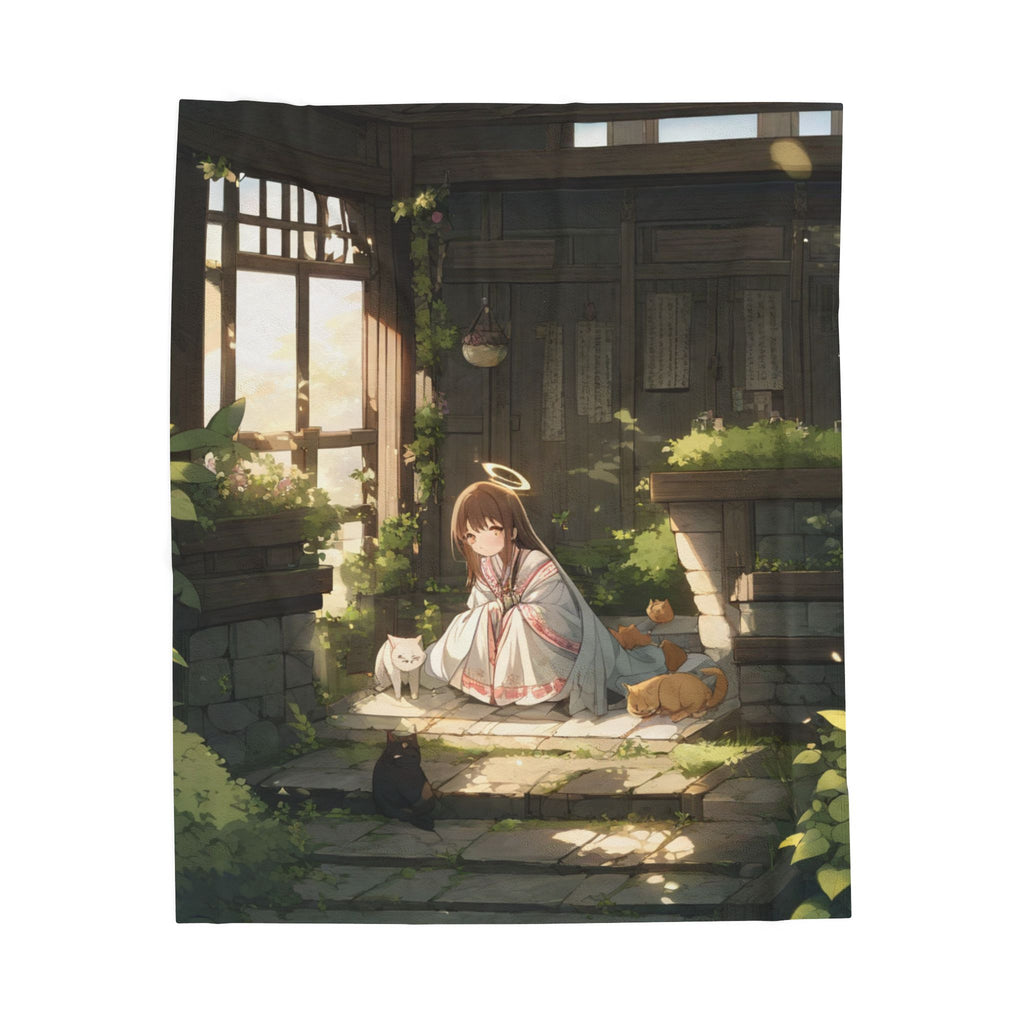 Shrine Maiden With Two Cats on Mossy Shrine Step Throw Blanket