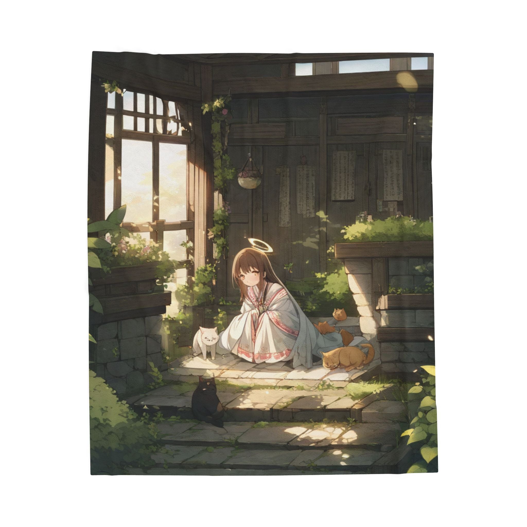 Shrine Maiden With Two Cats on Mossy Shrine Step Throw Blanket