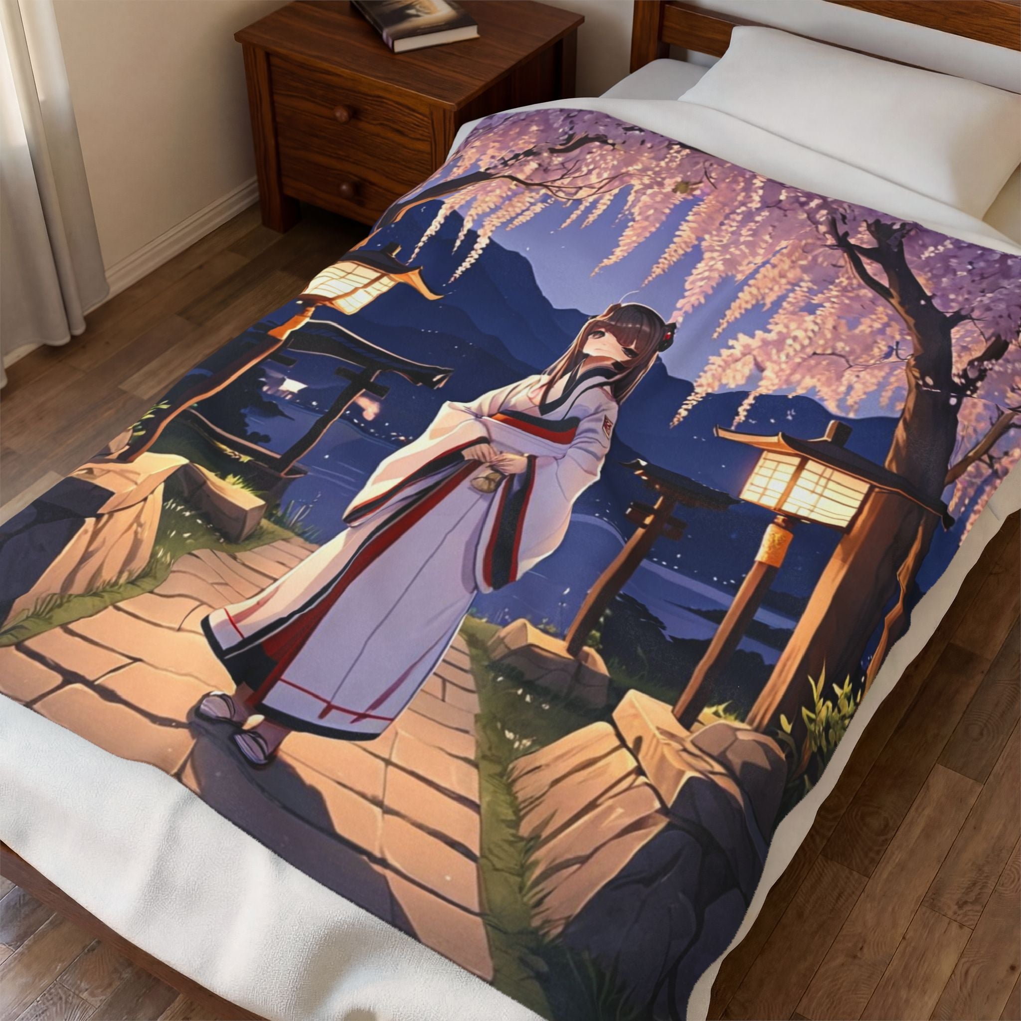 Young Miko Girl Lighting Velveteen Throw Blanket