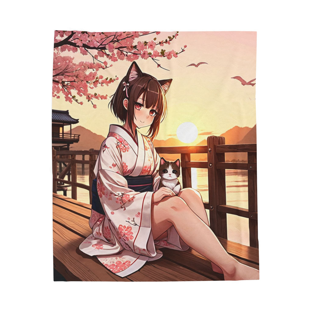 Nekomimi Girl in Yukata Sunset Bridge Throw Blanket