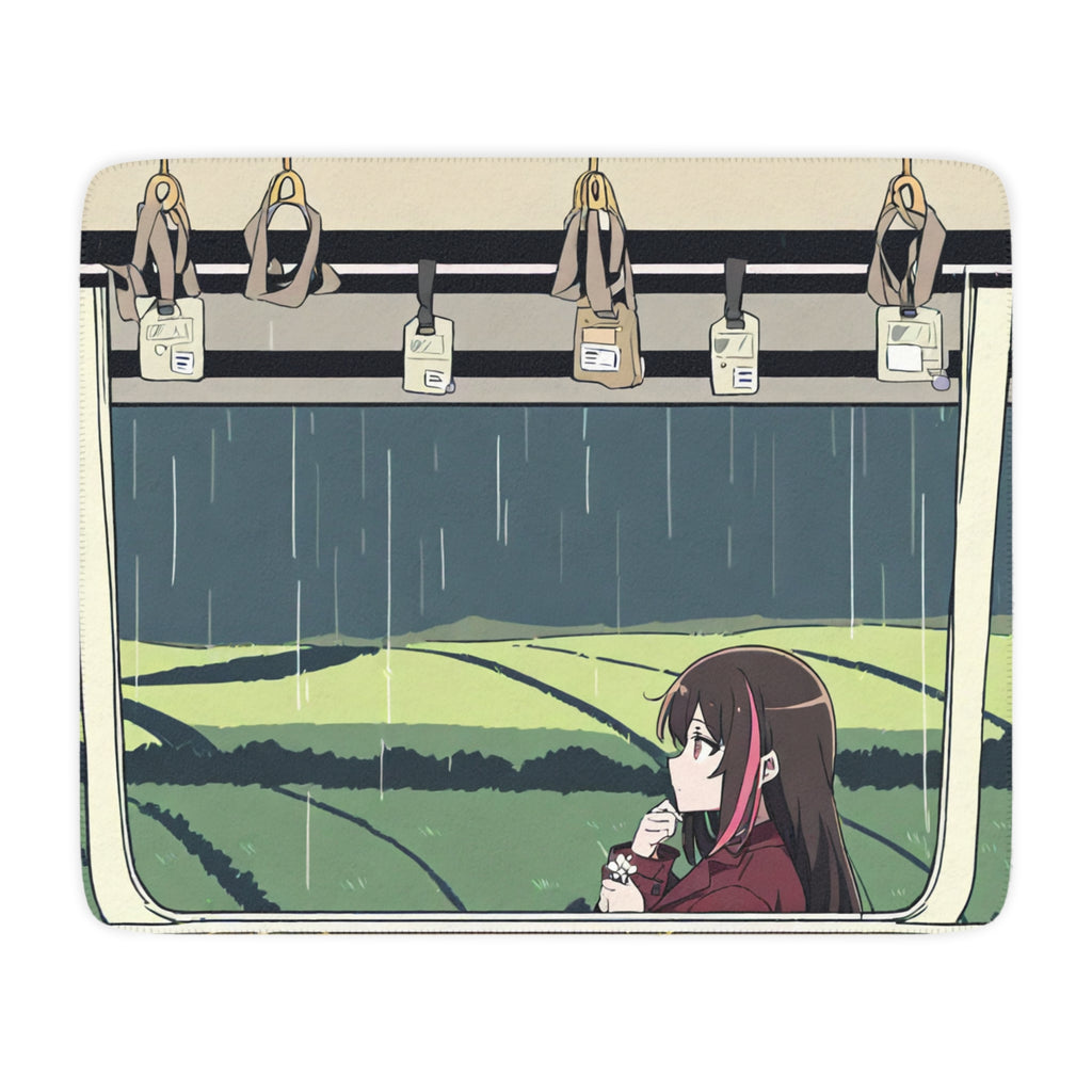 Rainy train ride through green fields