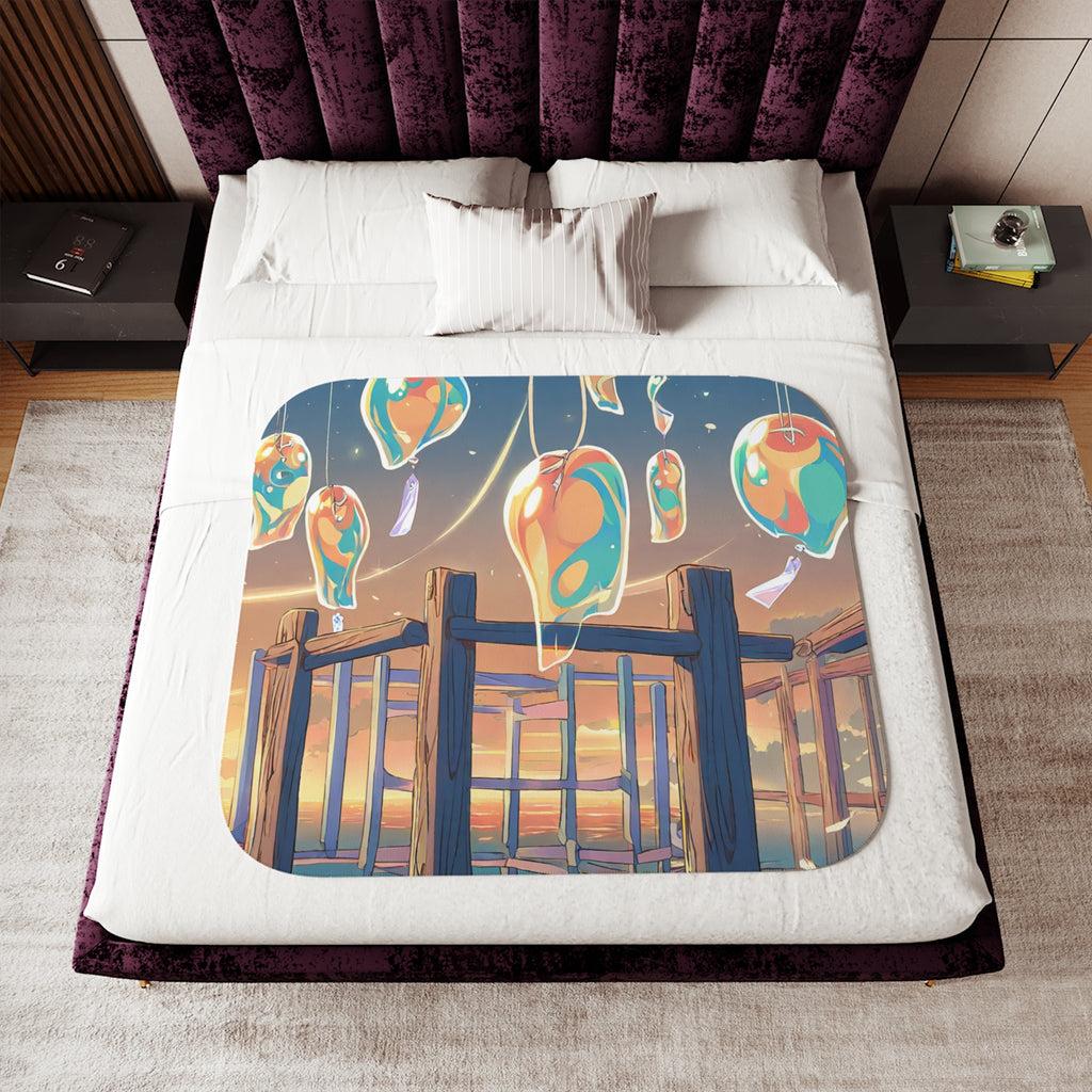 Wind Chime Artisan at the Sunset Pier Sherpa Throw Blanket