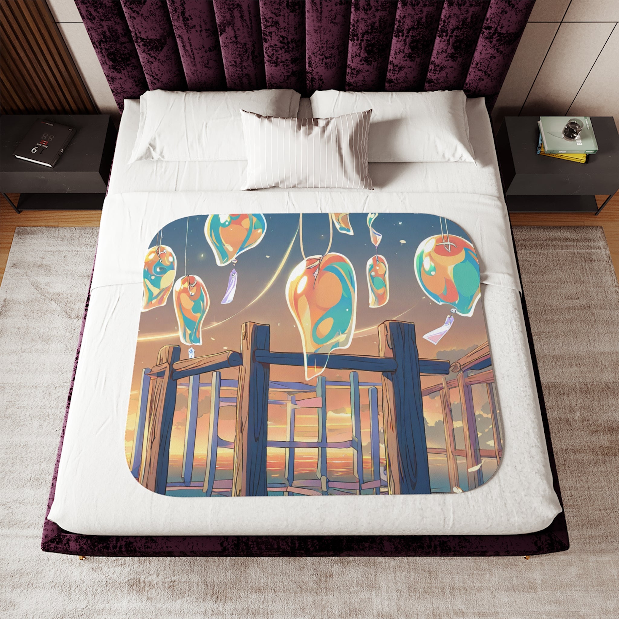 Wind Chime Artisan at the Sunset Pier Sherpa Throw Blanket