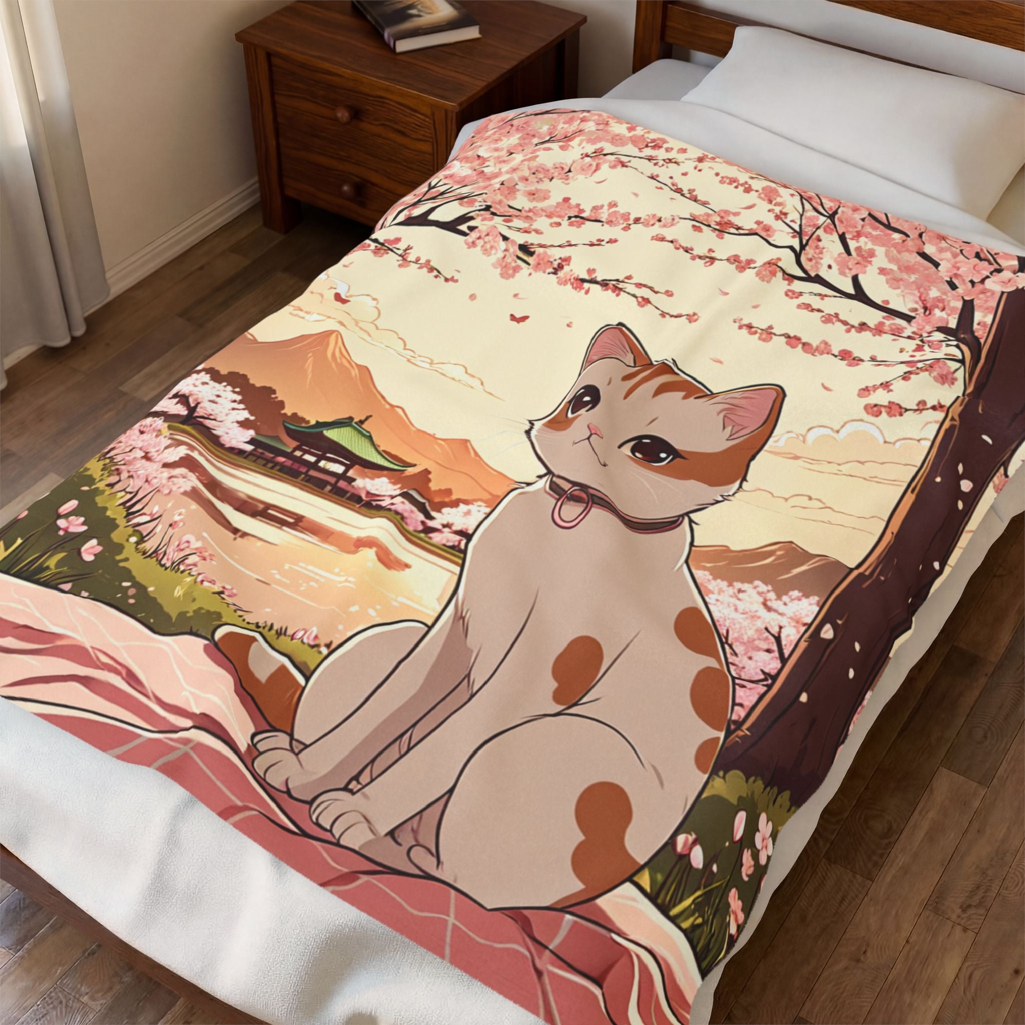 Cherry Blossom Hanami Cat Velveteen Throw Blanket