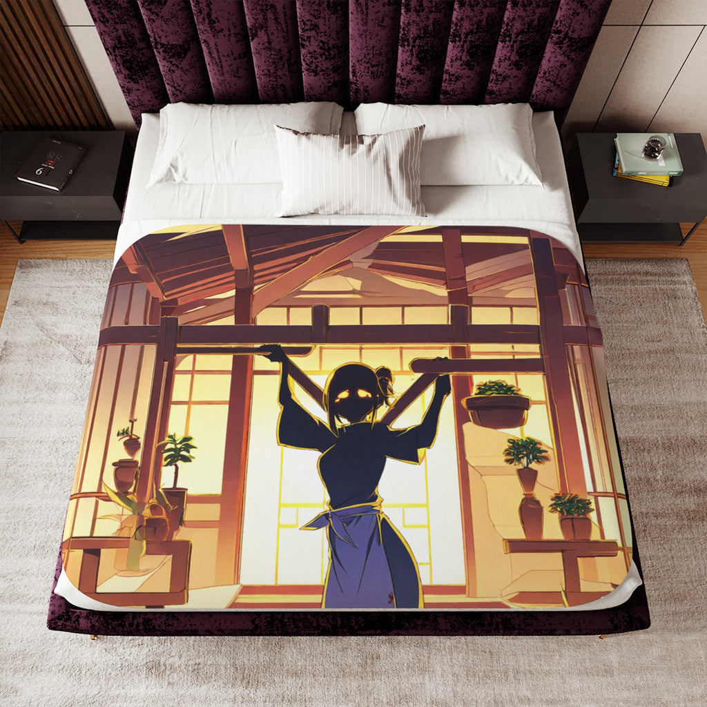 Rice Paper Merchant in Sunlit Courtyard Velveteen Throw Blanket