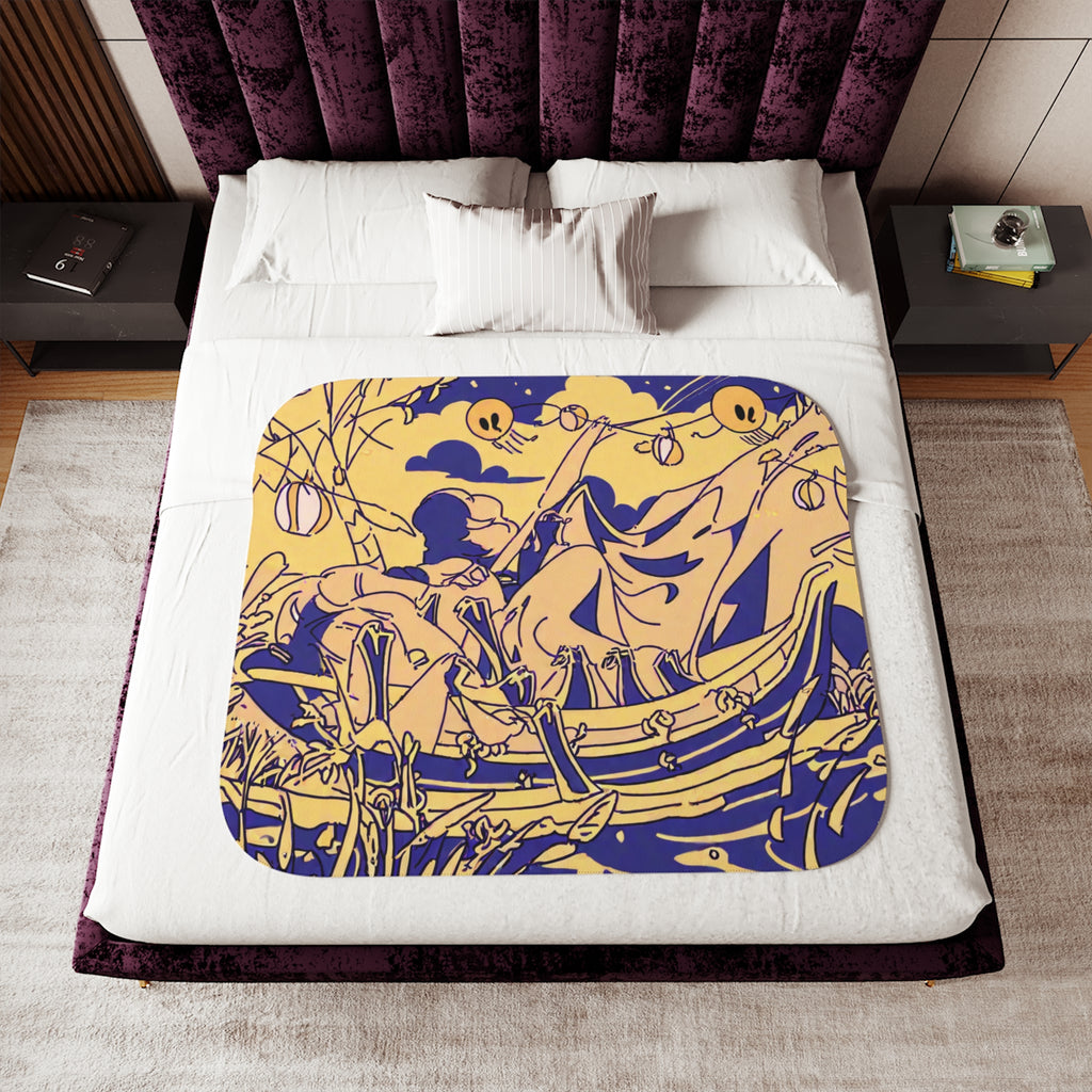 Wandering Musician on the Riverbank Sherpa Throw Blanket