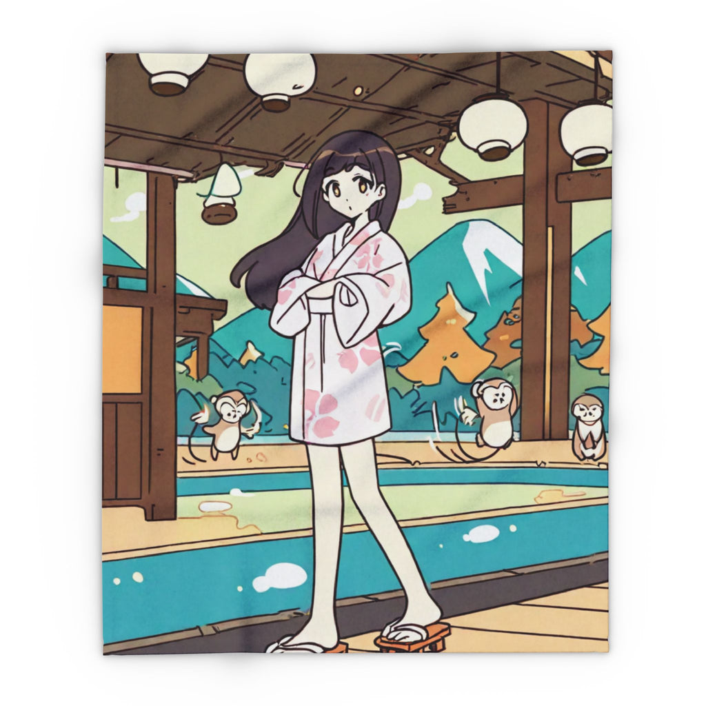 Anime hot spring walkway with monkeys