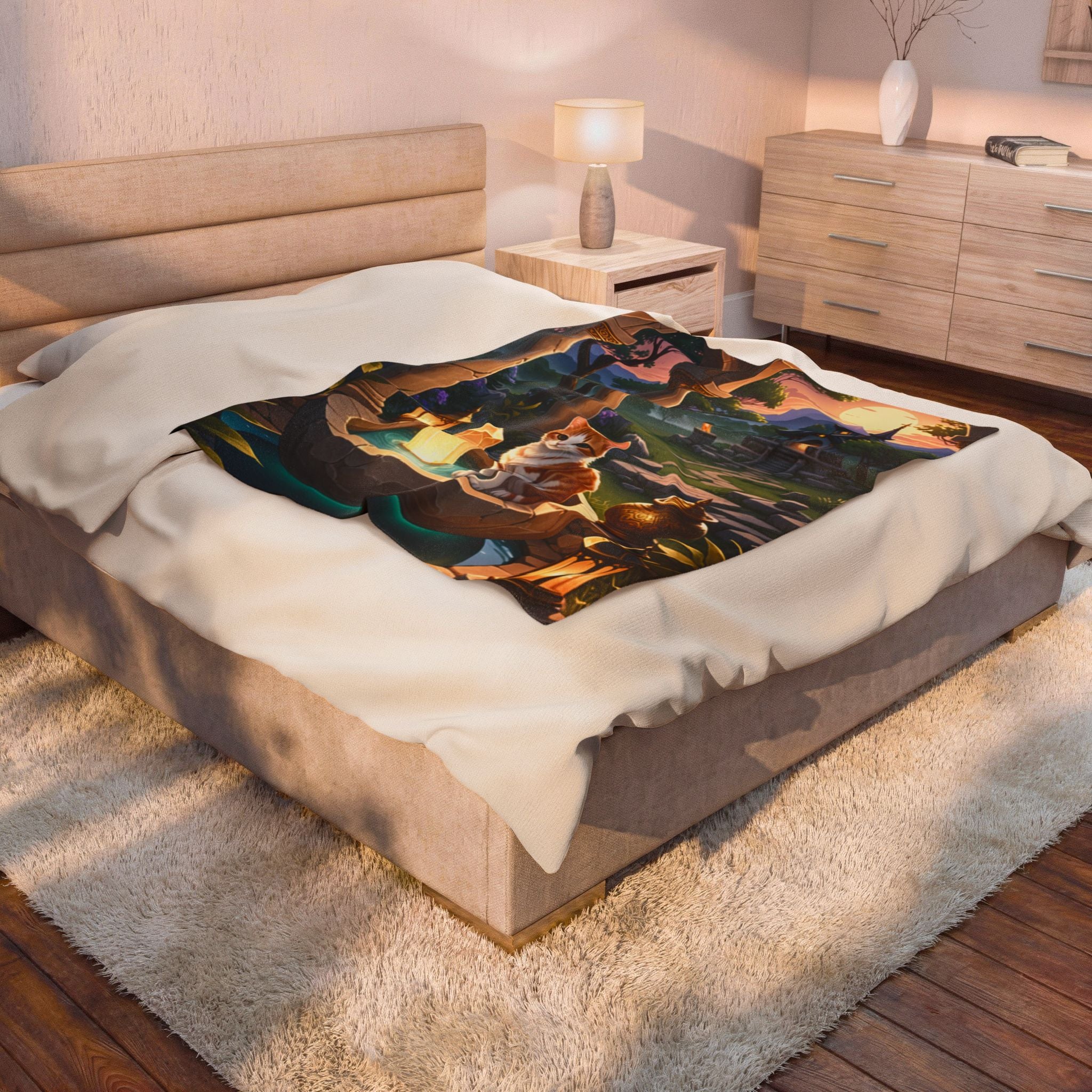Enchanted Shrine Cat Stone Velveteen Throw Blanket