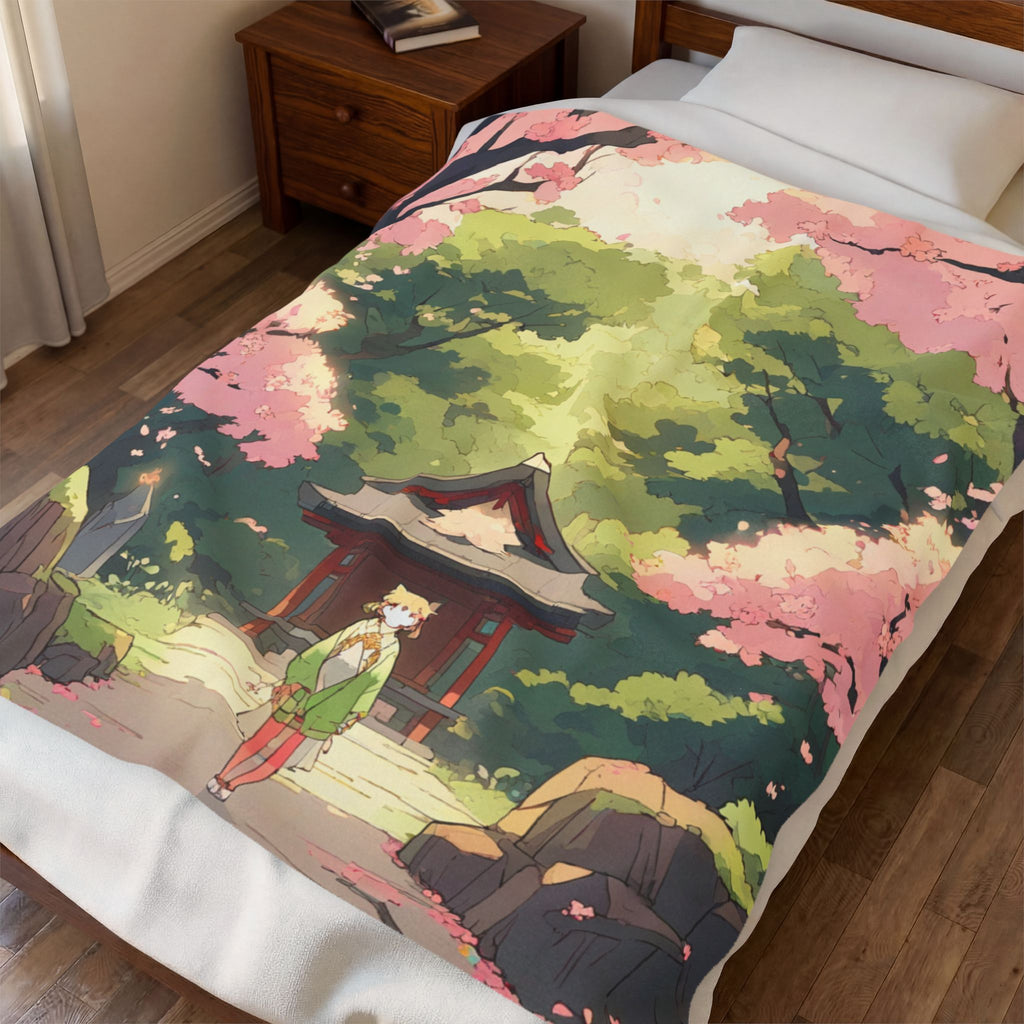 Forest Spirit Shrine Cat Among Cherry Blossoms Throw Blanket