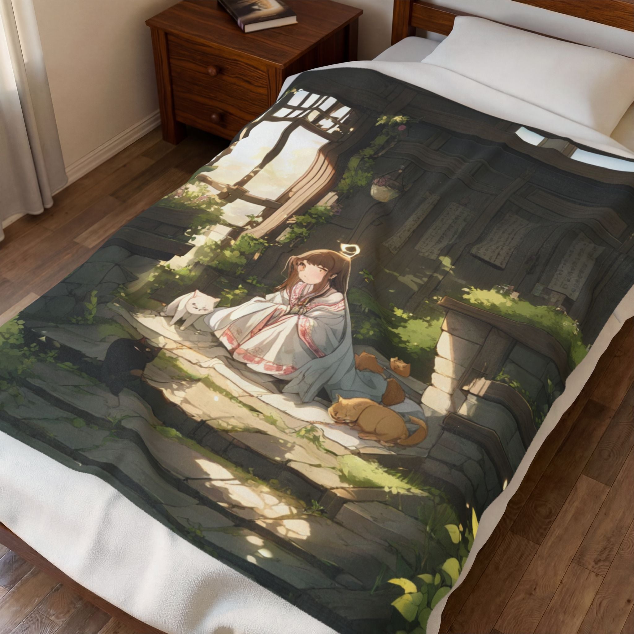 Shrine Maiden With Two Cats on Mossy Shrine Step Throw Blanket