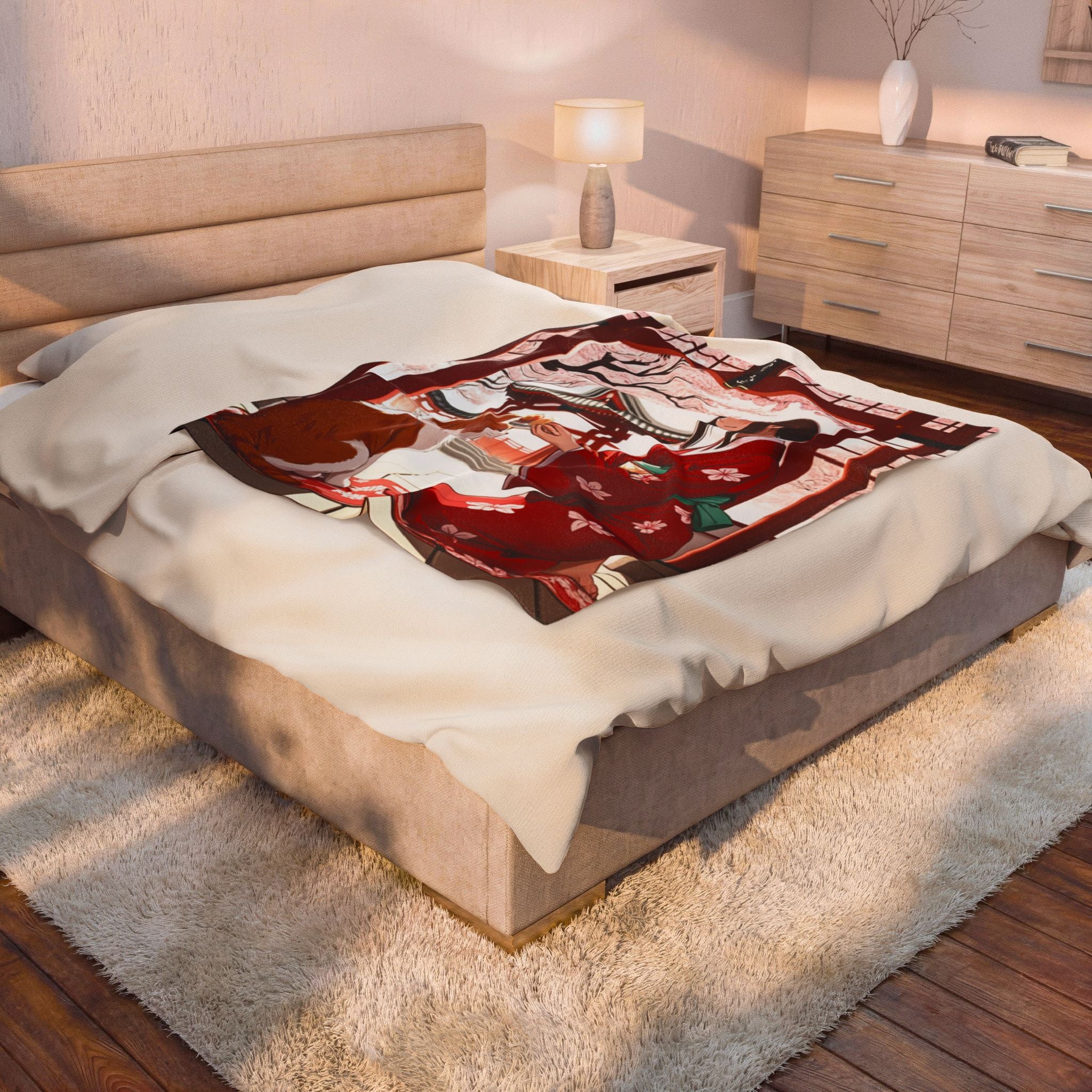 Anime Girl in Red Yukata Feeding Calico Cat at Shrine Throw Blanket