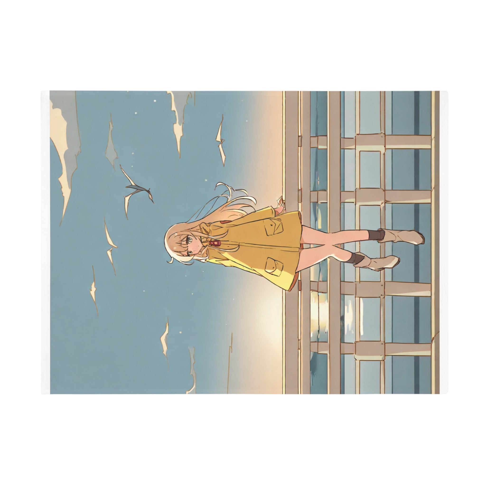 Anime girl in yellow raincoat by the sea