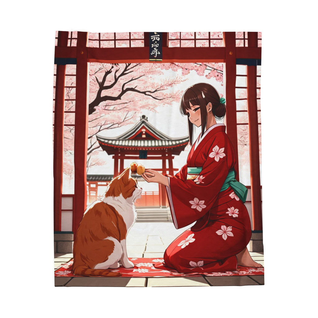 Anime Girl in Red Yukata Feeding Calico Cat at Shrine Throw Blanket