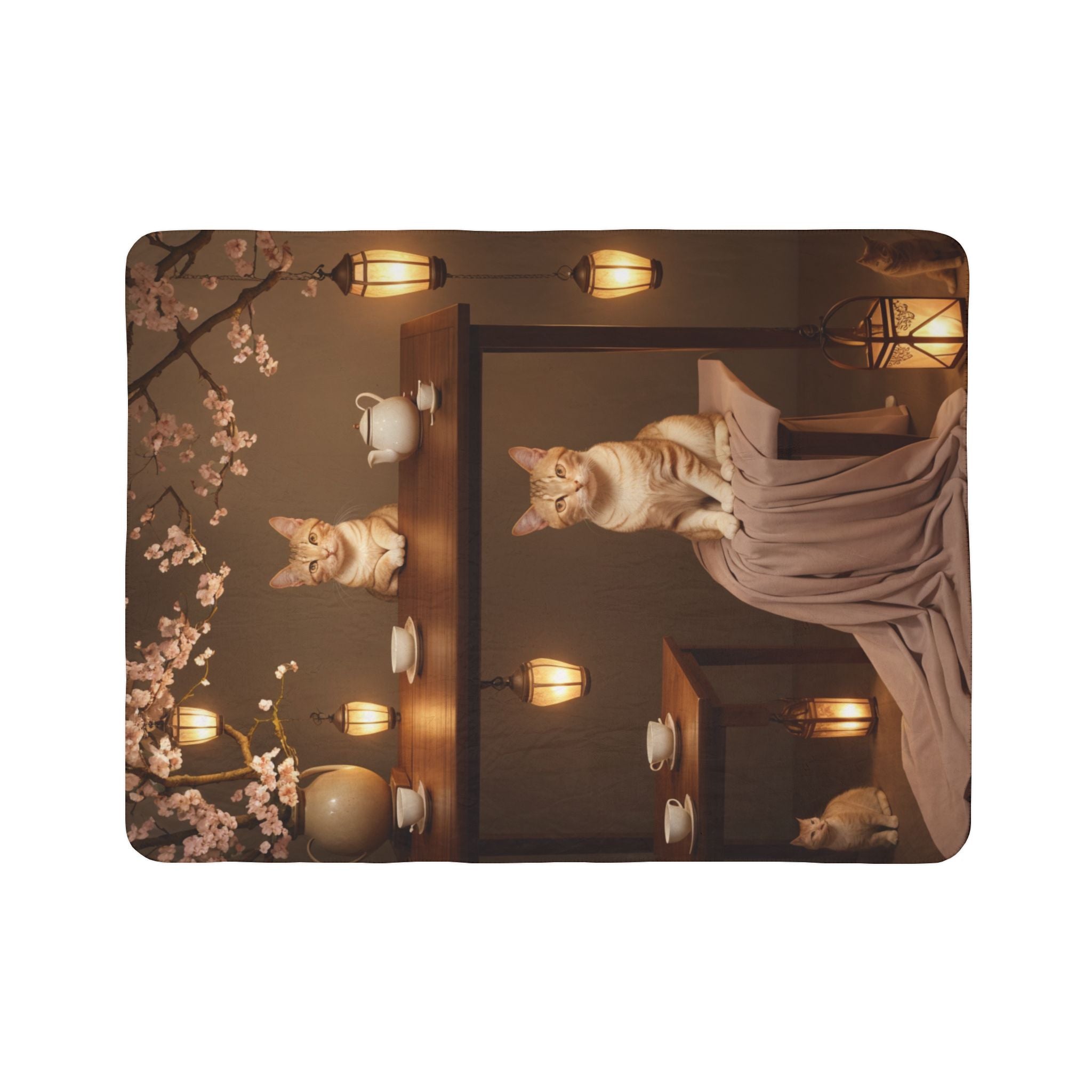 Serene cats in a cherry blossom tea setting