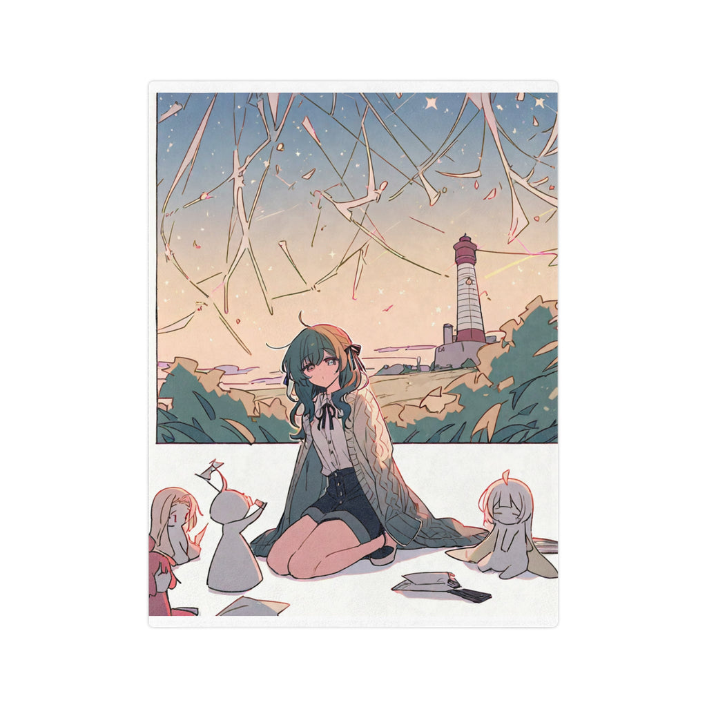 Anime astronomer beneath a lighthouse sky