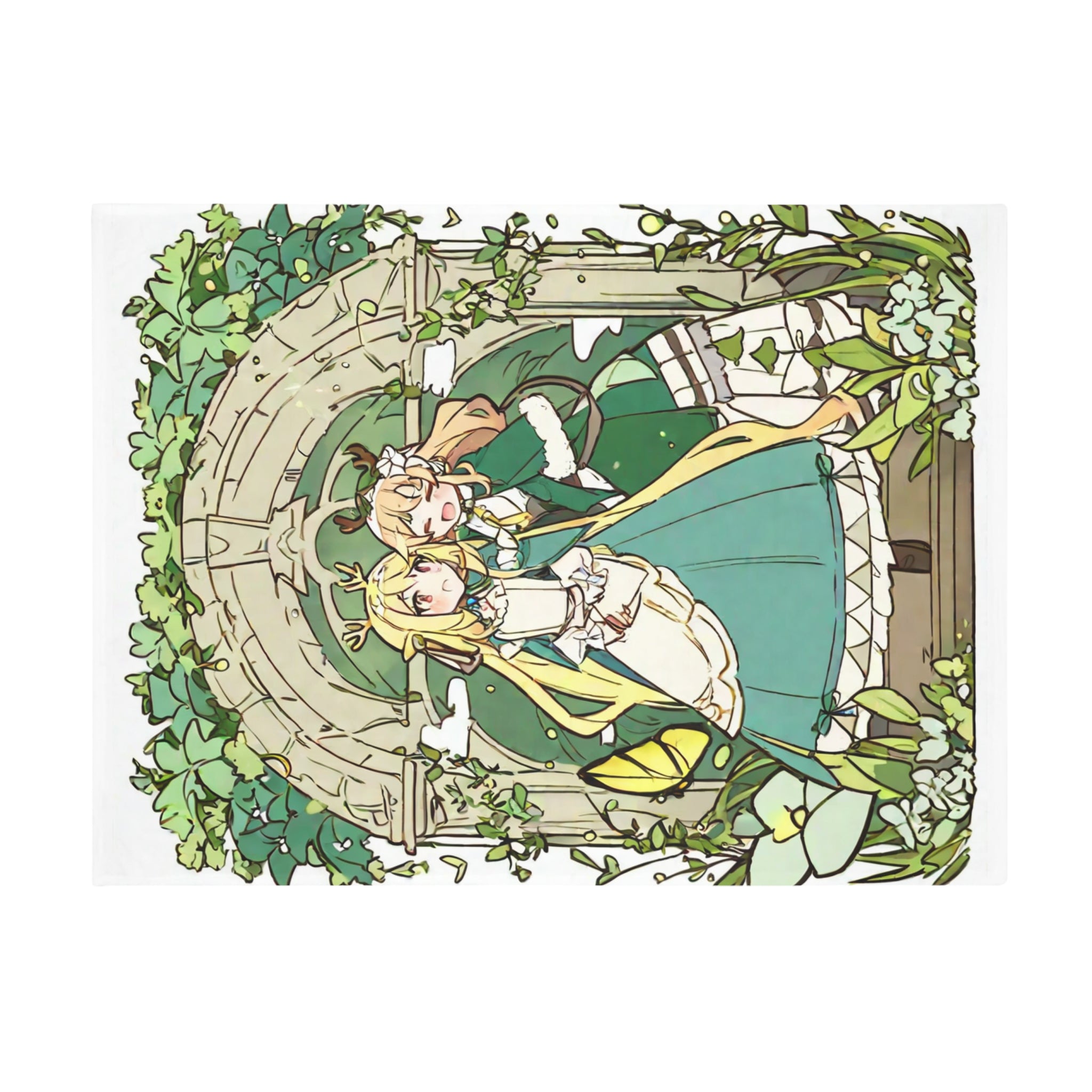 Anime girls beneath a leafy garden arch