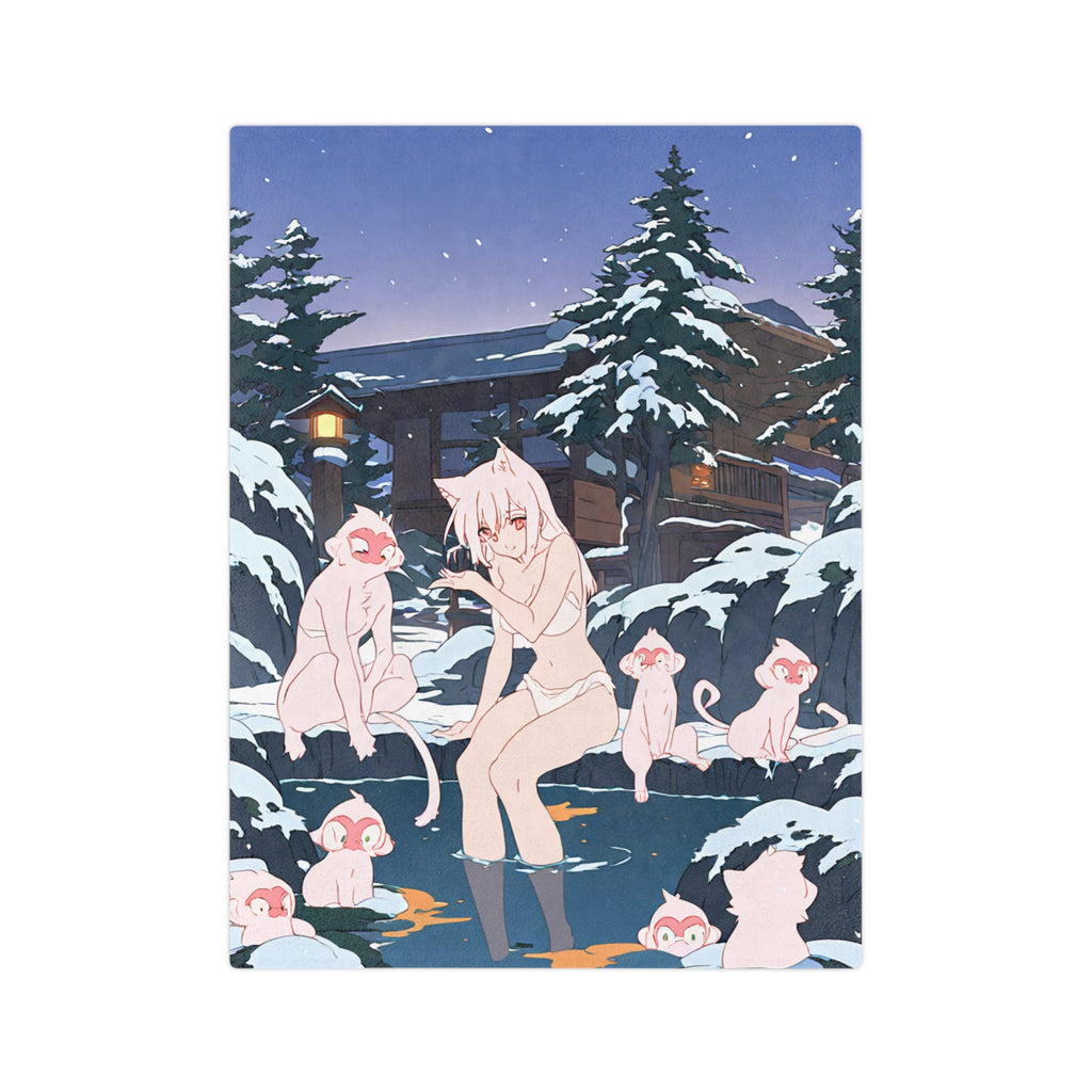 Snow Monkey Mother on Onsen Rock Velveteen Throw Blanket