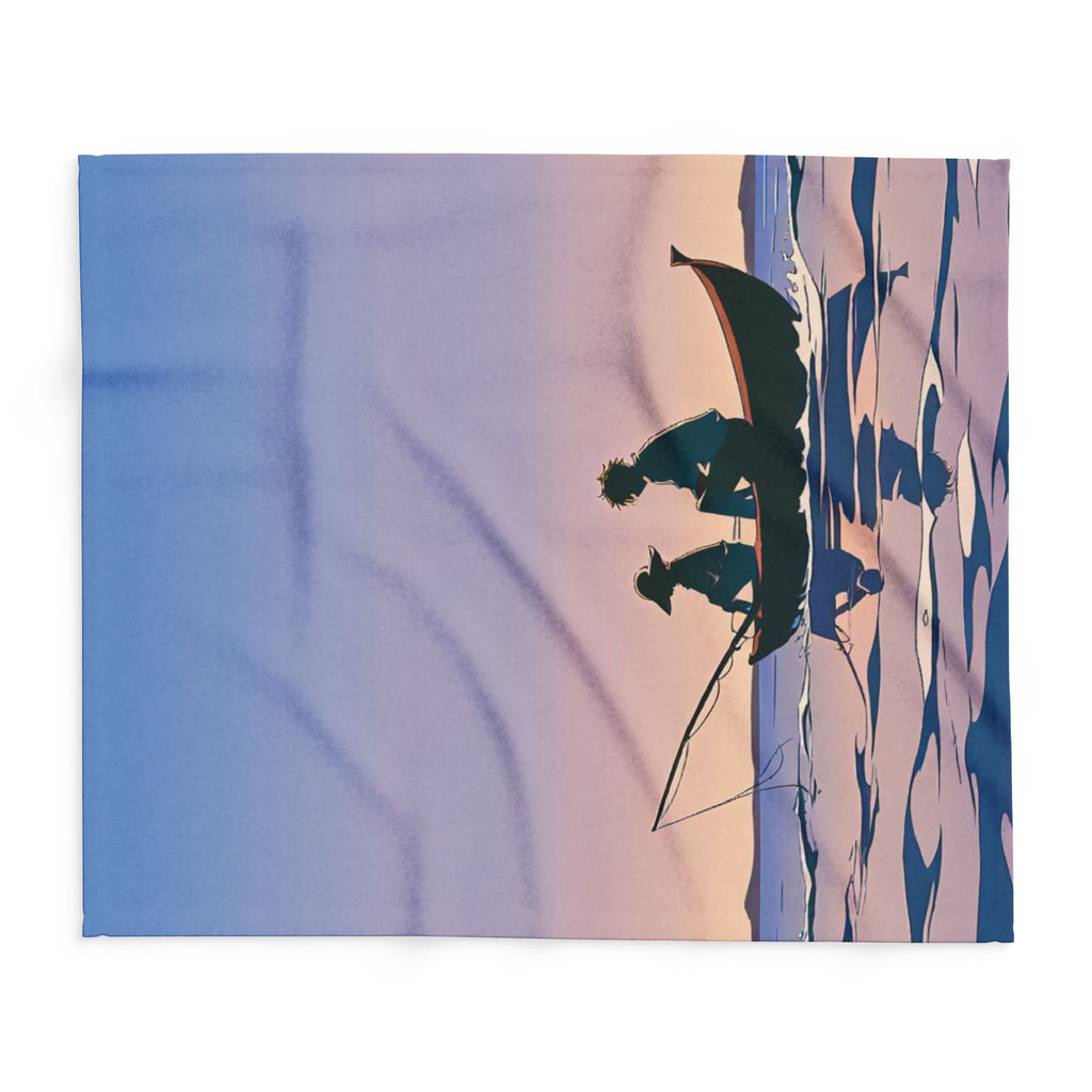 Two figures fishing at sunset