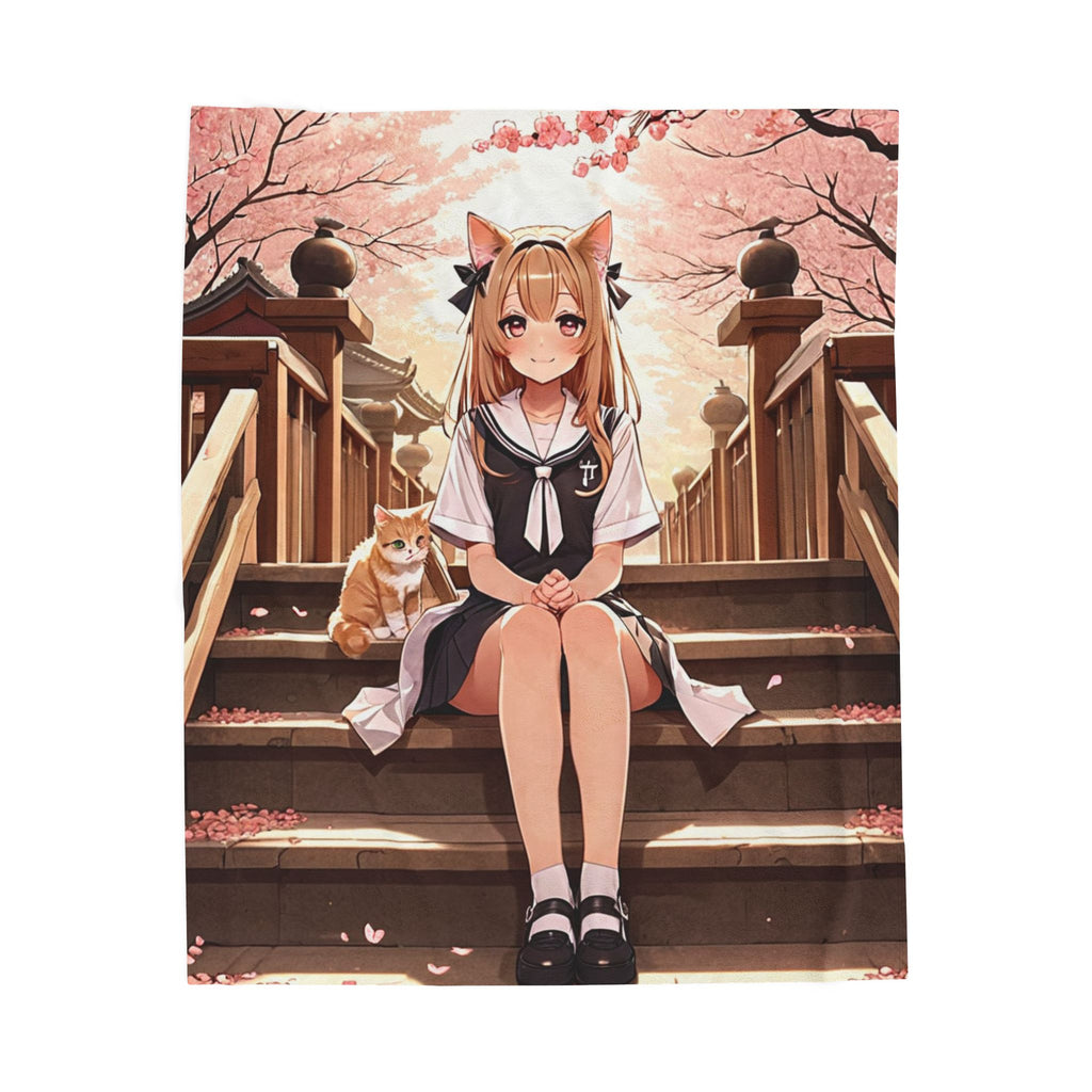 Anime Schoolgirl and Tabby Cat at Cherry Blossom Shrine Throw Blanket