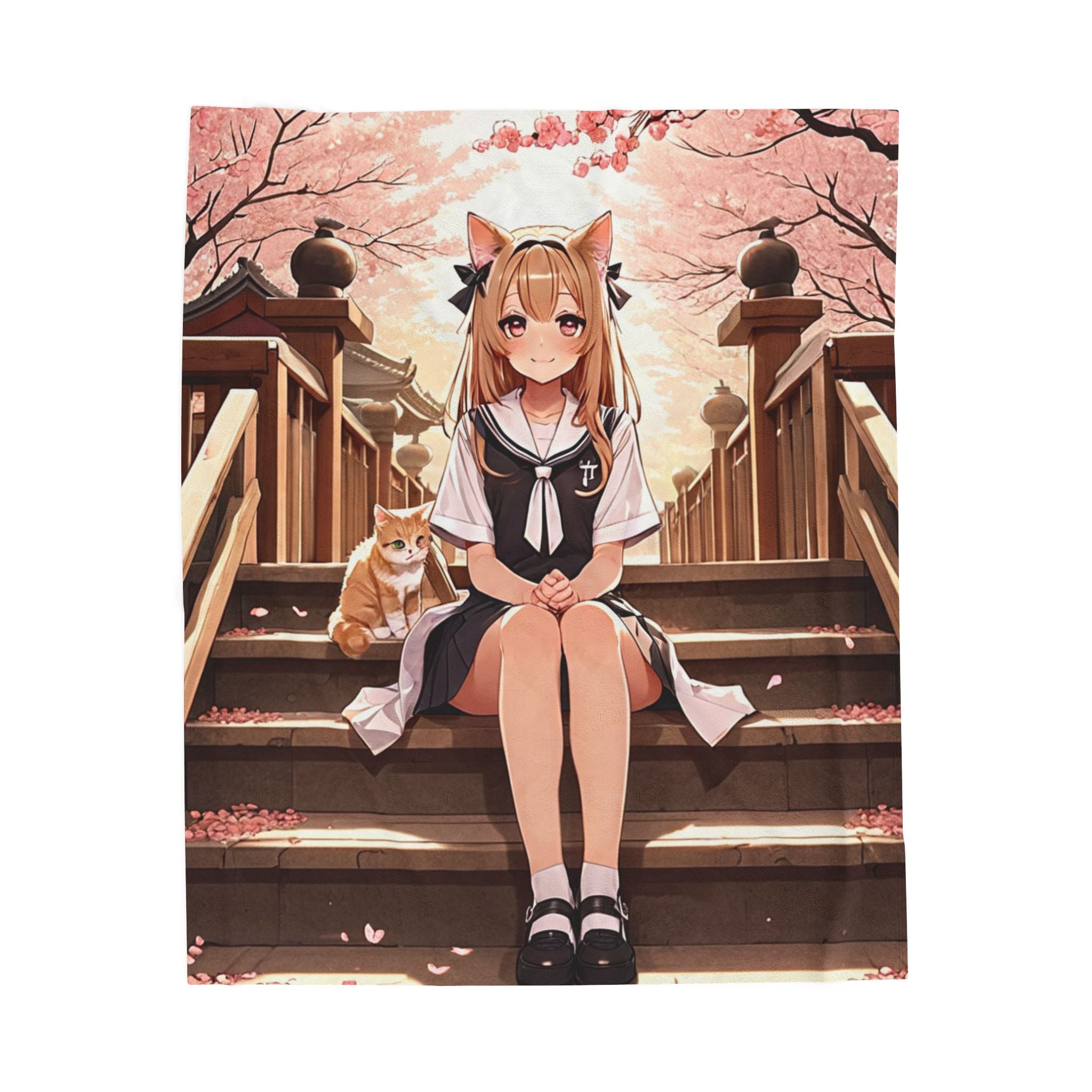 Anime Schoolgirl and Tabby Cat at Cherry Blossom Shrine Throw Blanket