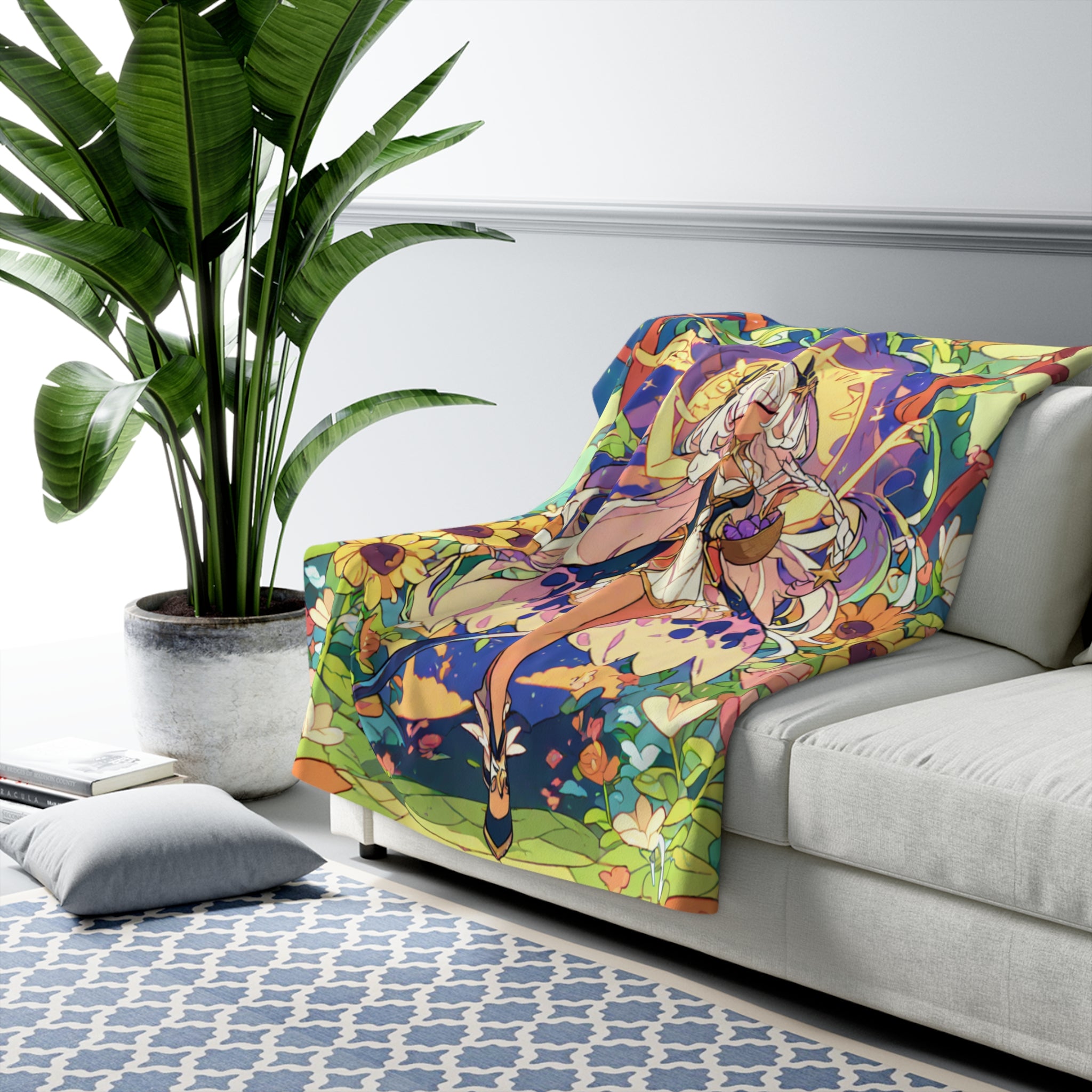 Glow-Worm Keeper in Midnight Sunflower Garden Sherpa Throw Blanket