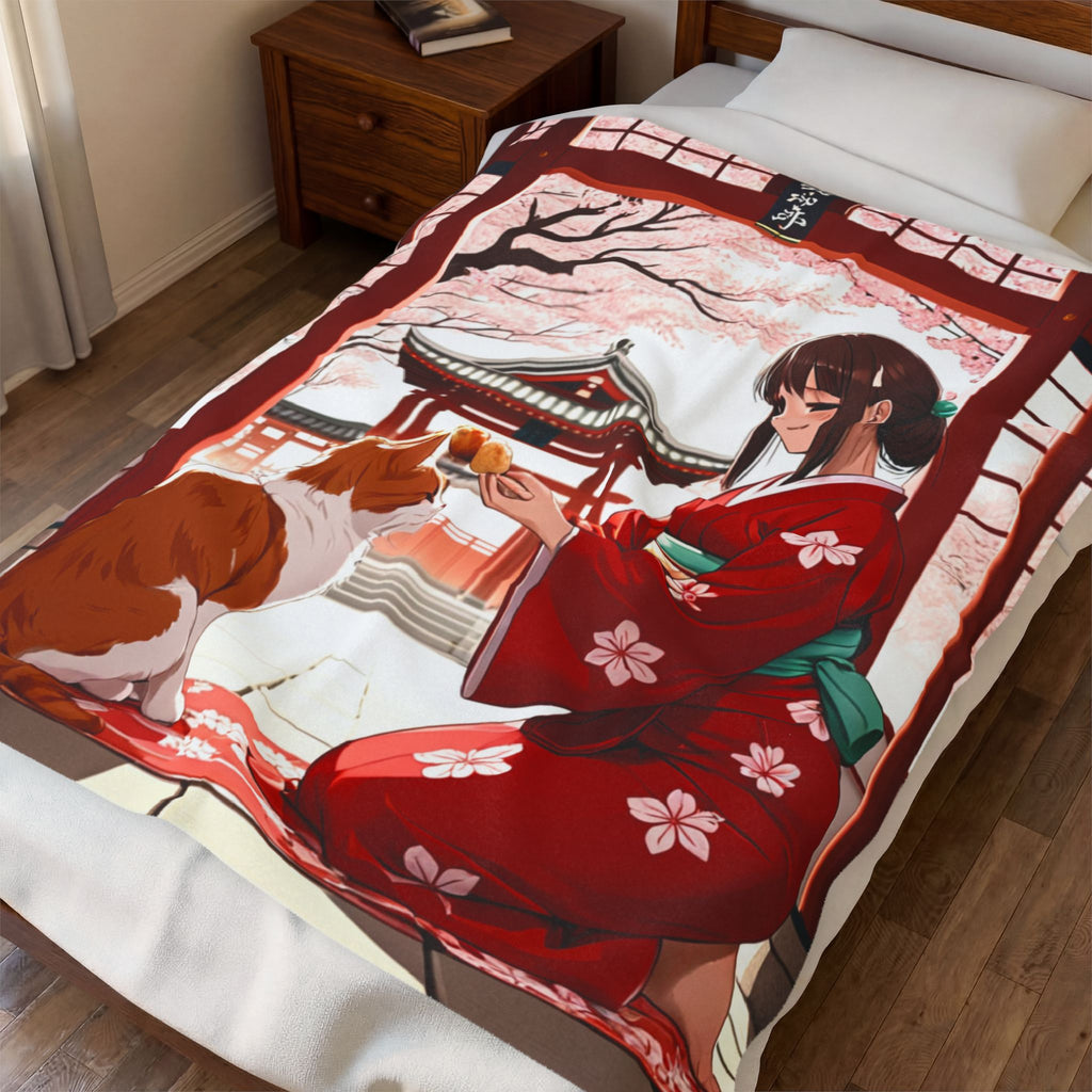 Anime Girl in Red Yukata Feeding Calico Cat at Shrine Throw Blanket
