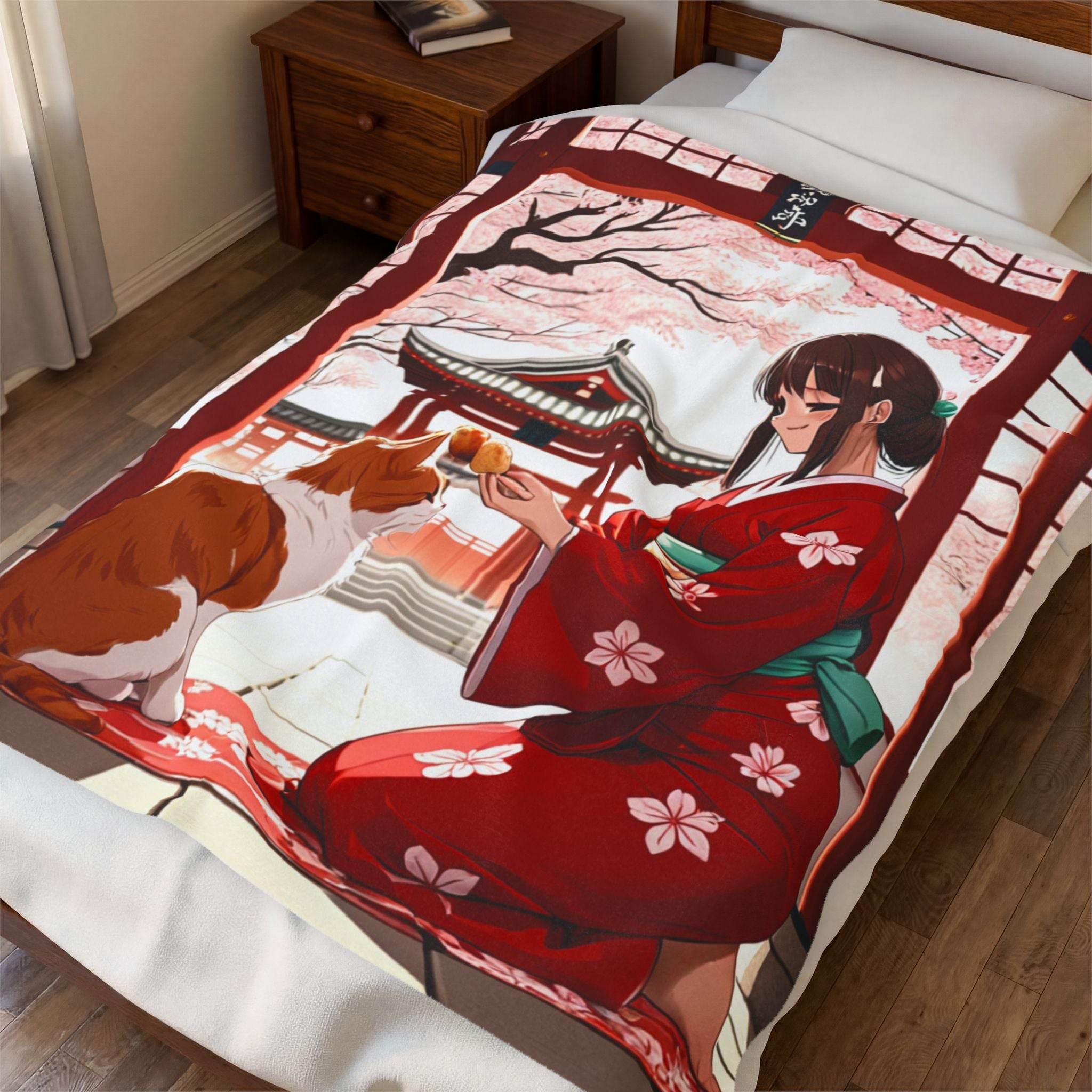 Anime Girl in Red Yukata Feeding Calico Cat at Shrine Throw Blanket