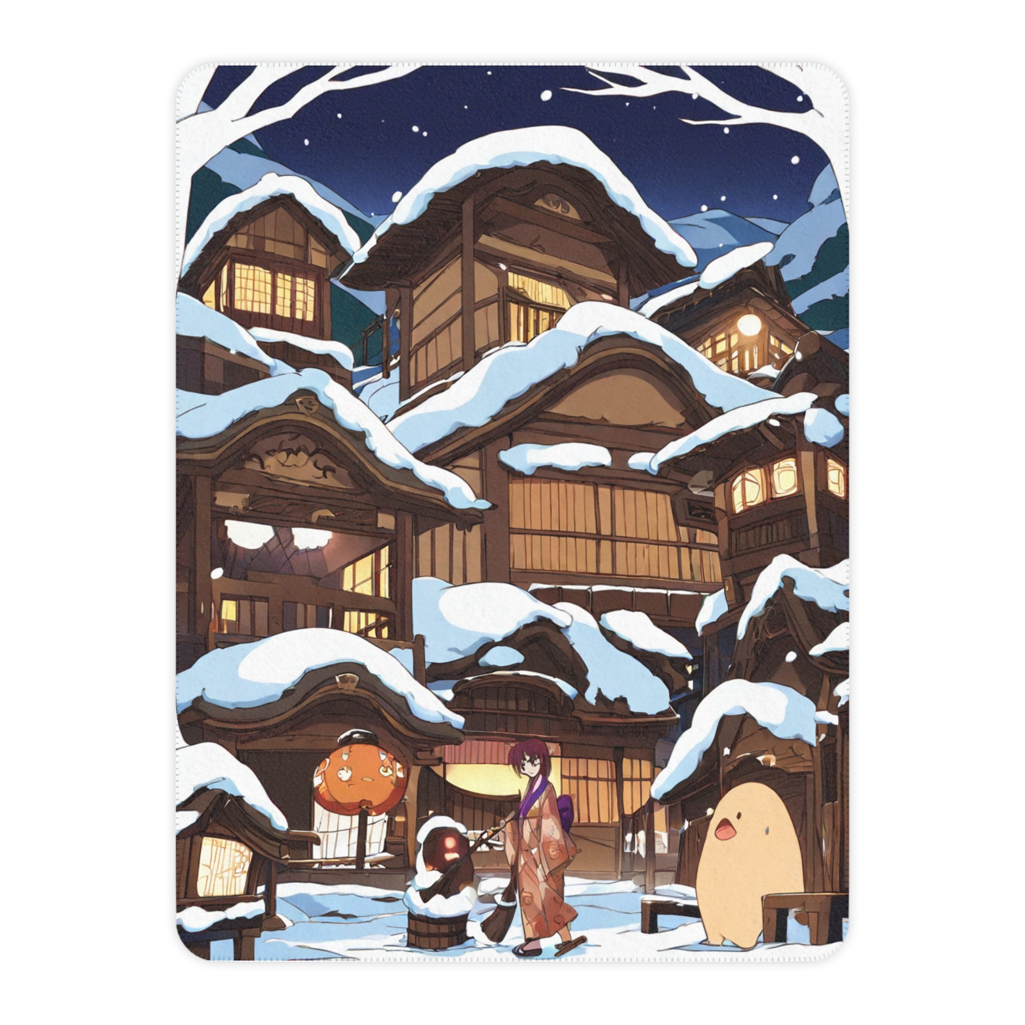 Onsen Visitor Crossing Snow-Dusted Bridge Sherpa Throw Blanket