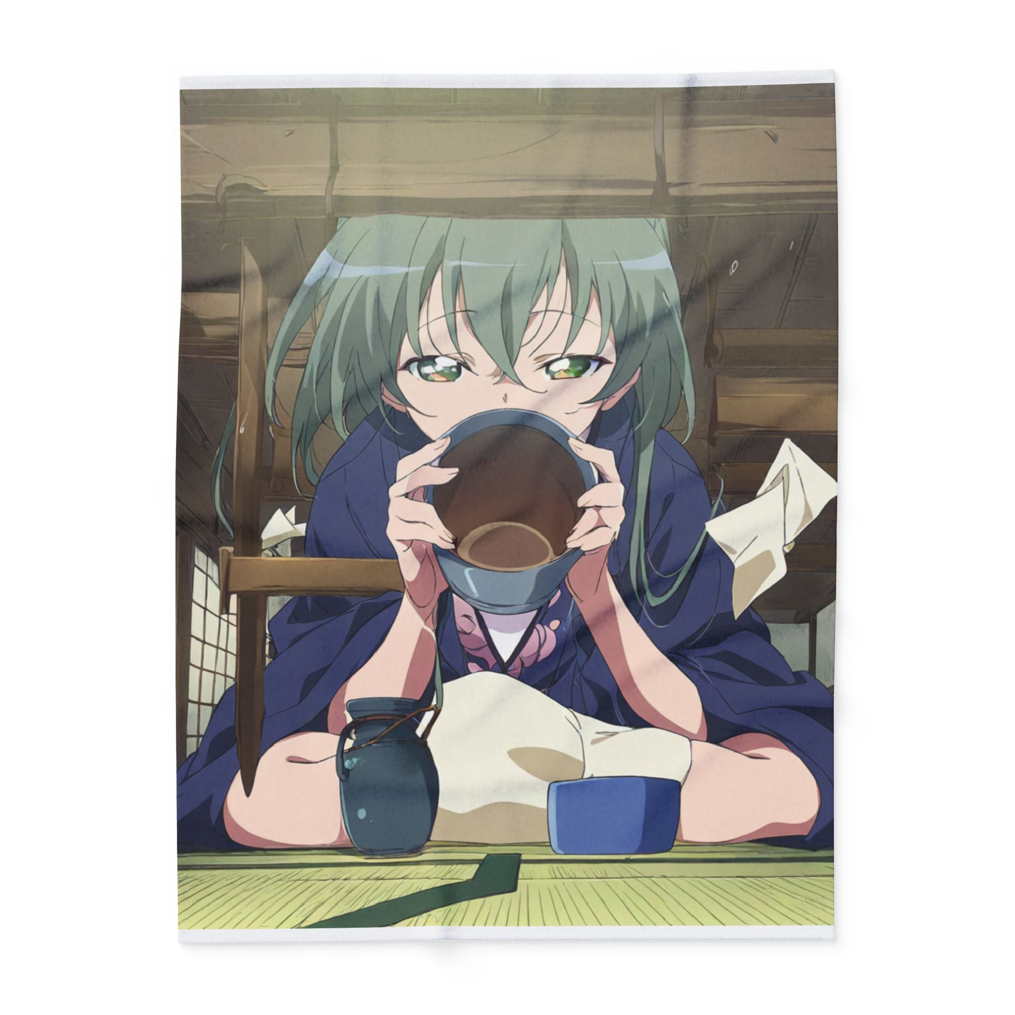 A paper-umbrella mender in an indigo smock sits cross-legged in
