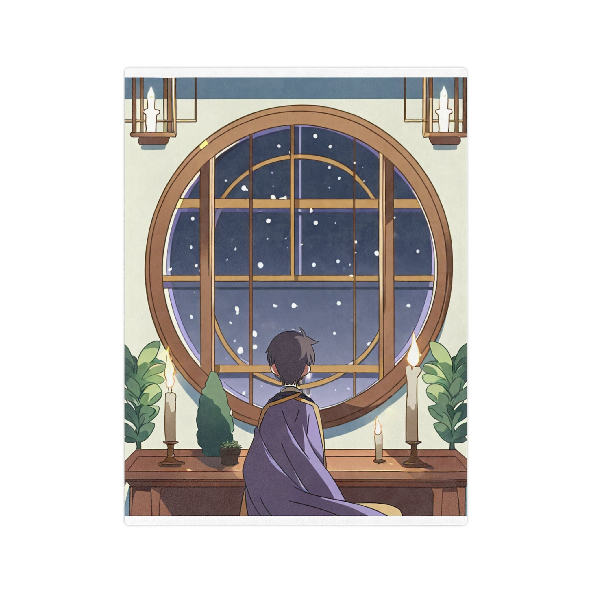 Cozy anime scholar watching snowfall
