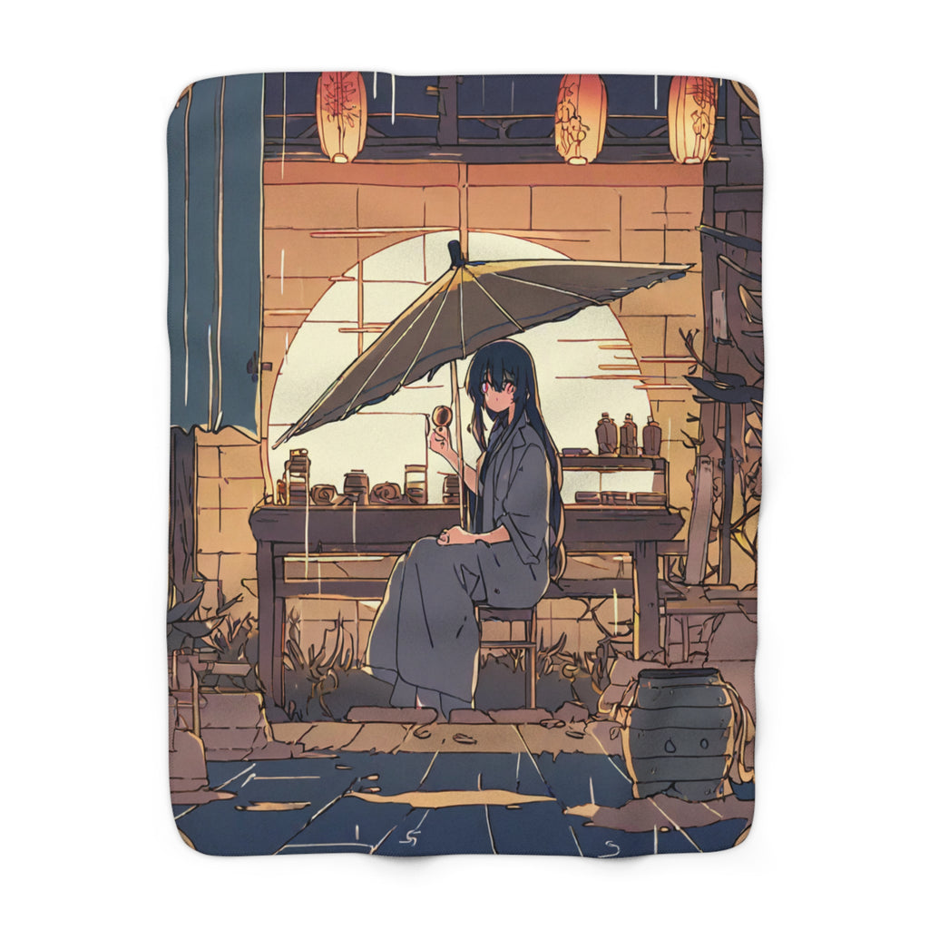 A paper umbrella mender in a plum work coat sits