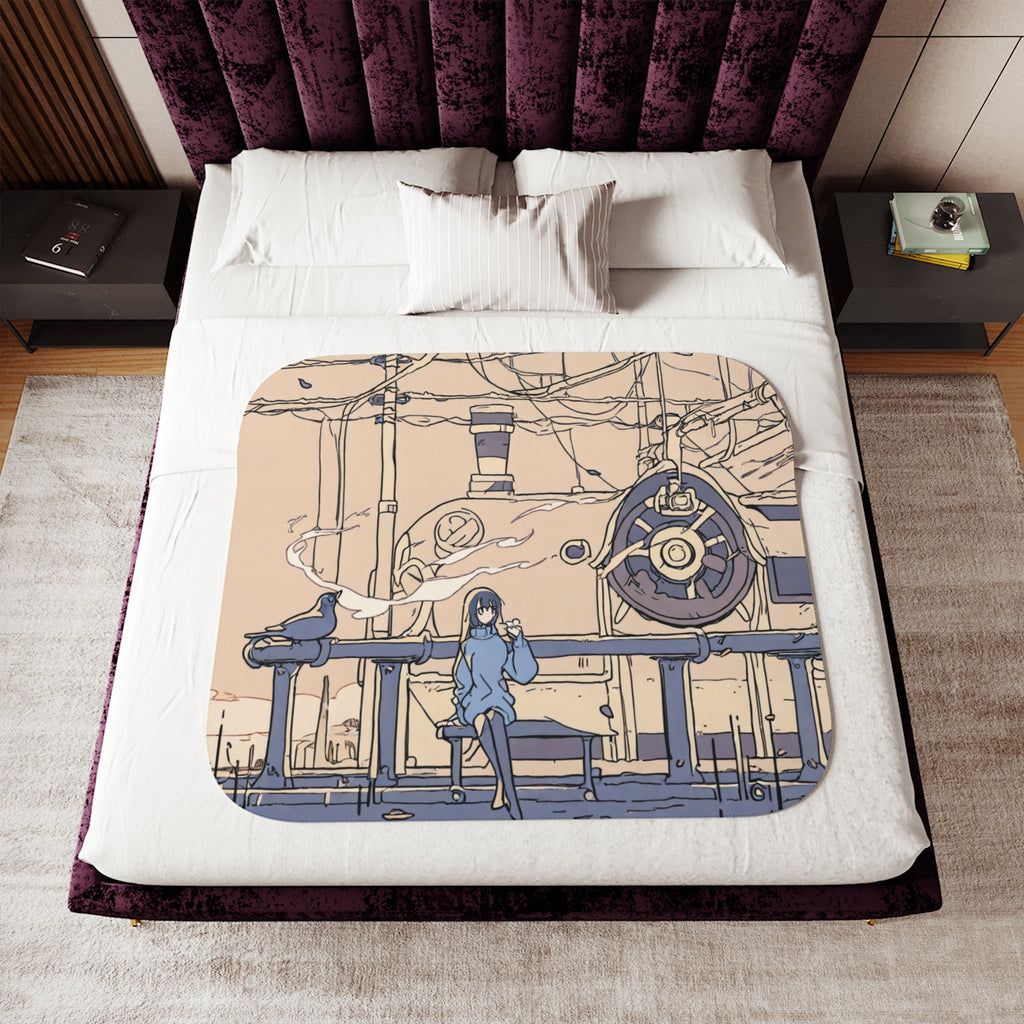 Winter Sparrow Girl on Train Platform Sherpa Throw Blanket