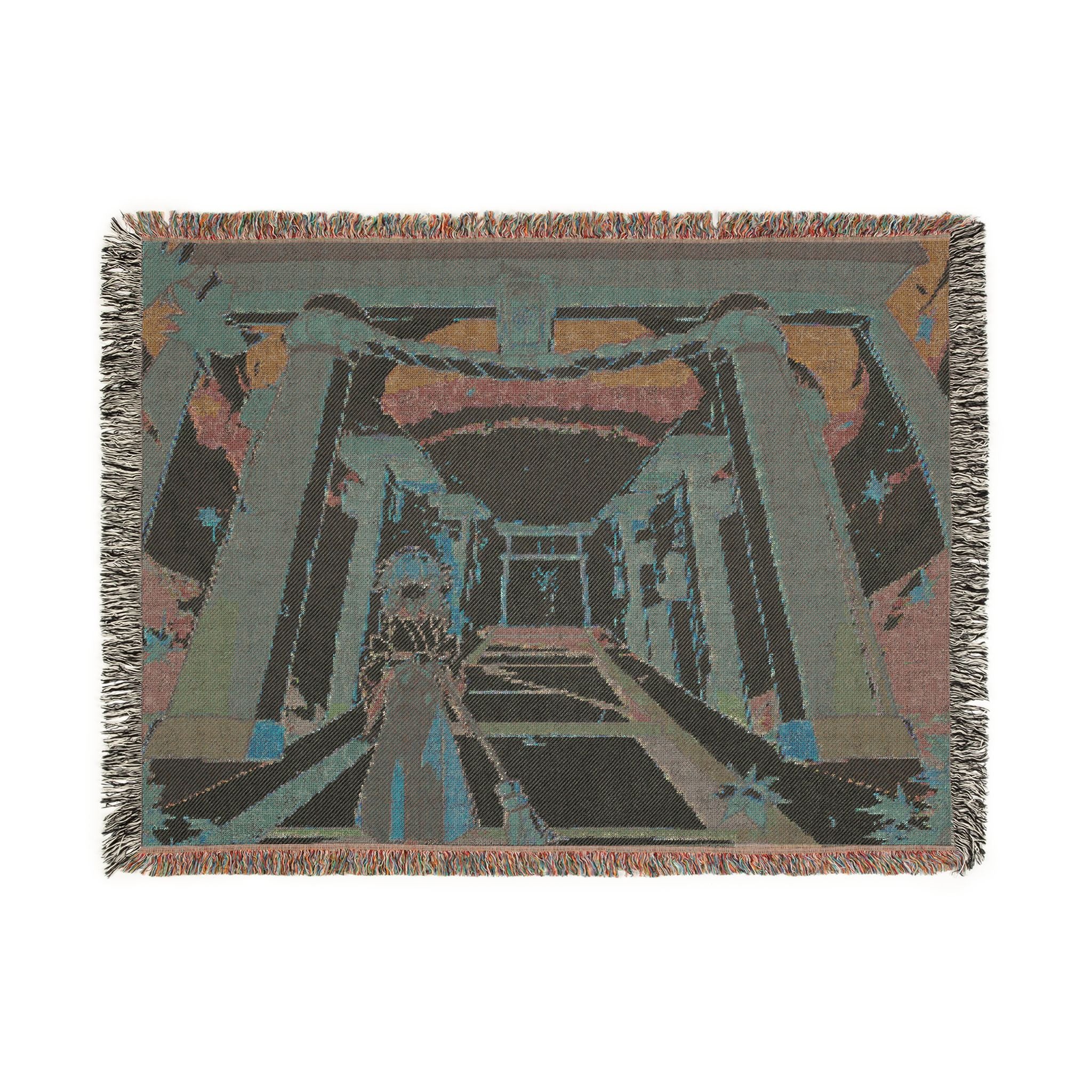 Shrine Maiden in Vermillion Mist Woven Throw Blanket