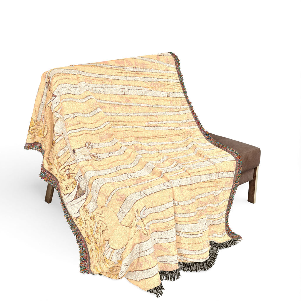 Honey-Raincoat Forager in Birch Forest Woven Throw Blanket