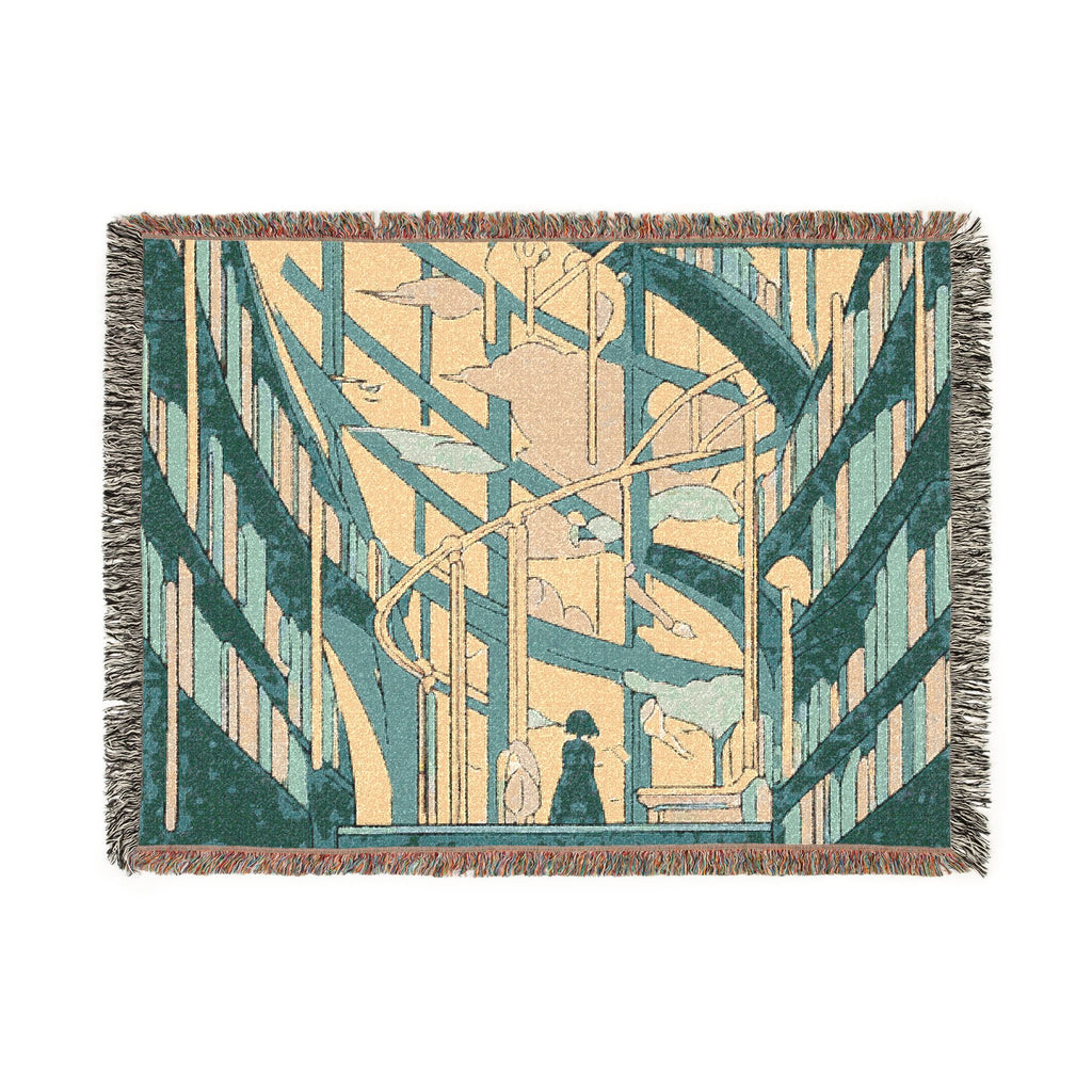 Archivist on Spiral Library Stairs Woven Throw Blanket