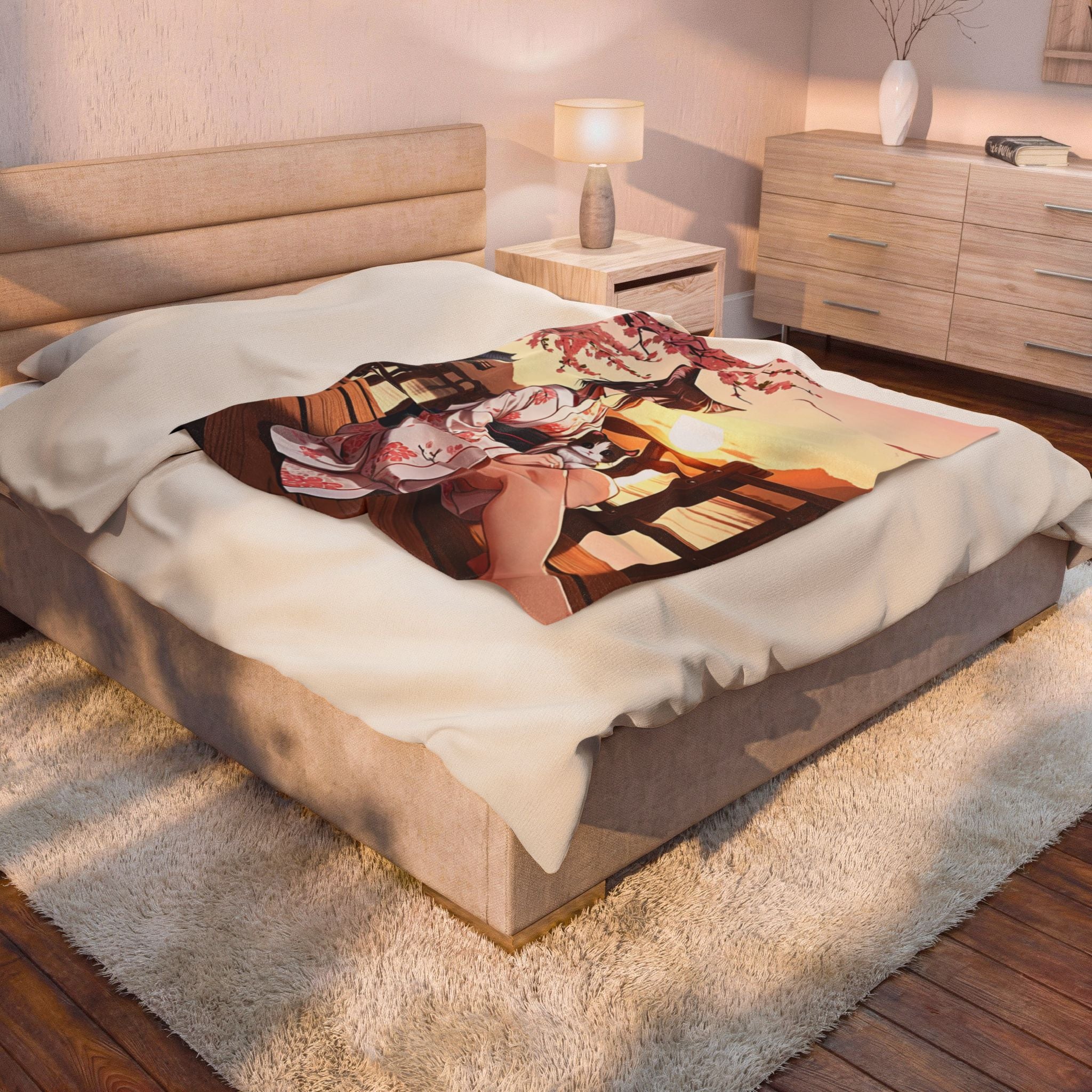 Nekomimi Girl in Yukata Sunset Bridge Throw Blanket