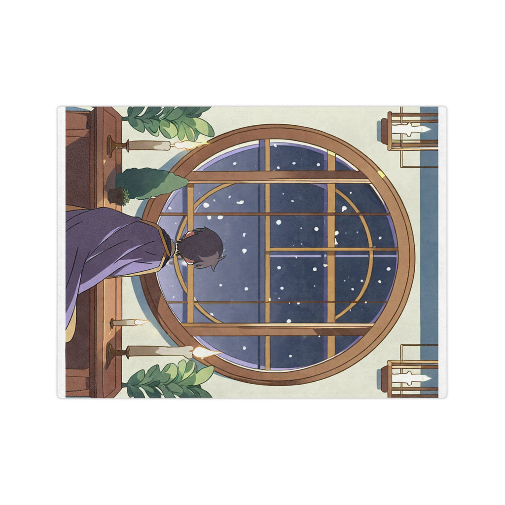 Cozy anime scholar watching snowfall