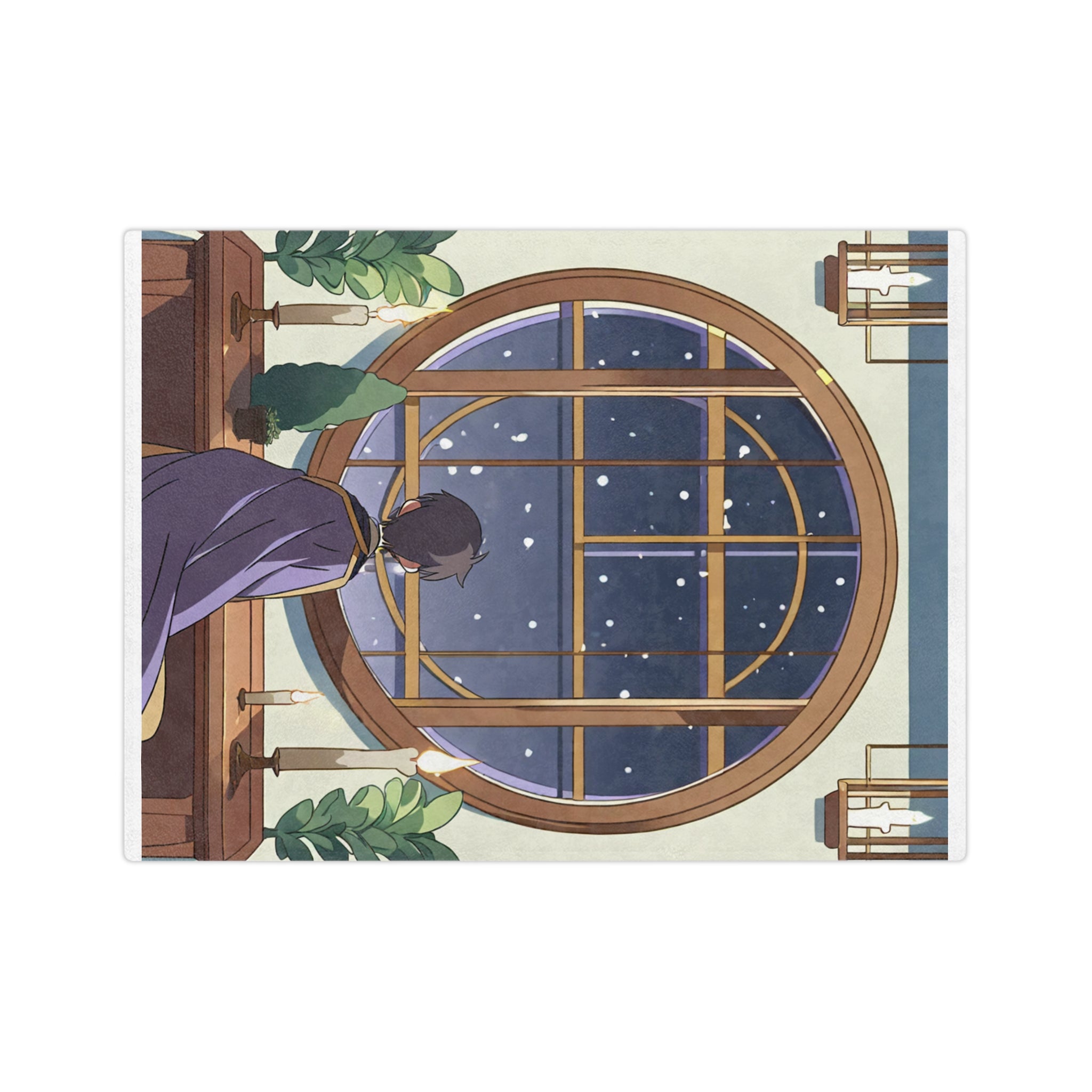 Cozy anime scholar watching snowfall