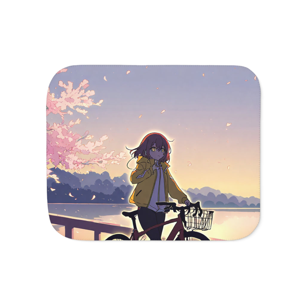 Anime cyclist beneath cherry blossoms