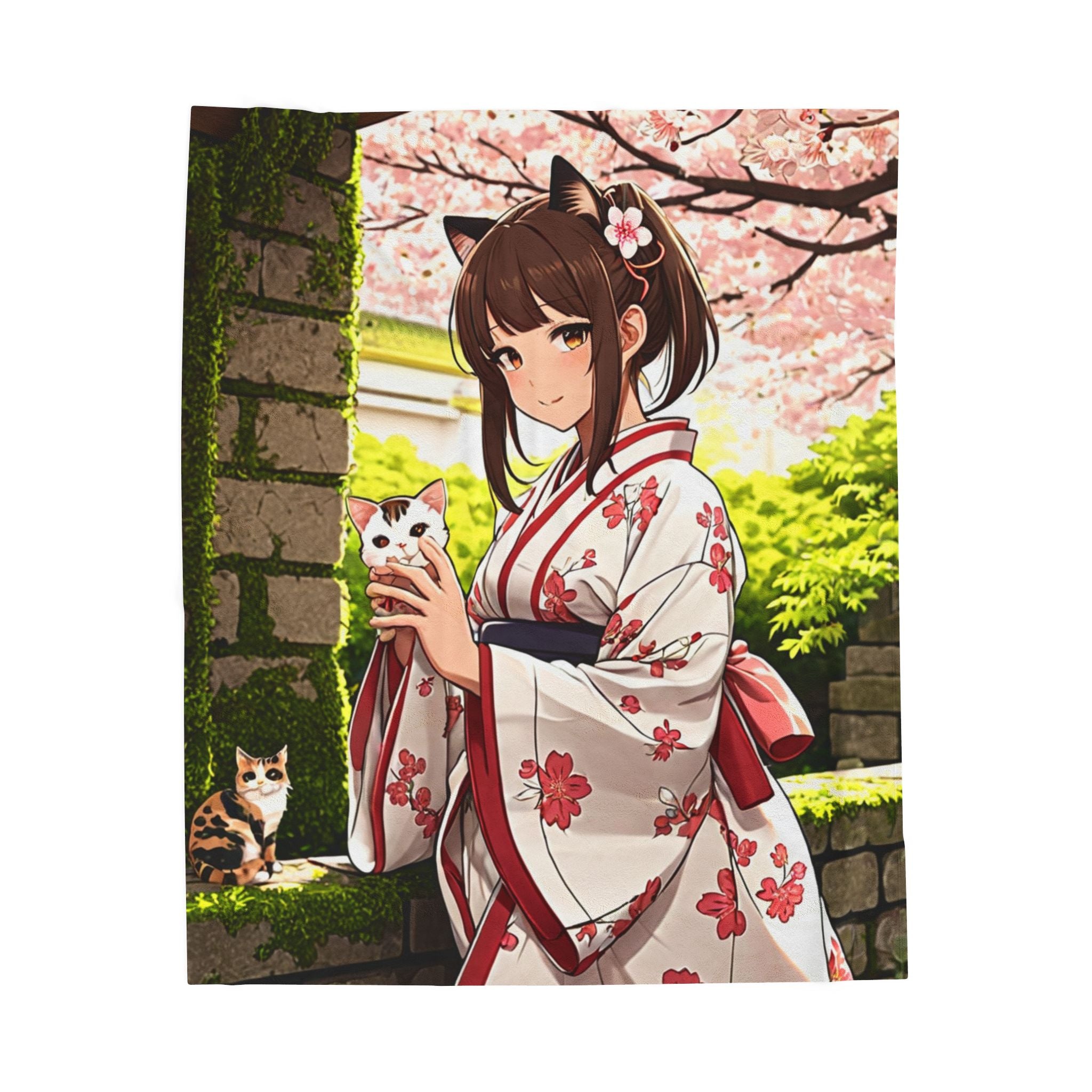 Anime Girl in Cherry Blossom Yukata with Calico Cat Garden Throw